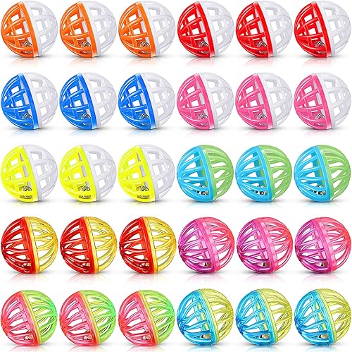 Vista 7 de Silkfly 30 bolas de juguete para gatos con campanas, bolas de plástico para cascabeles para gatitos, juguetes interactivos de persecución