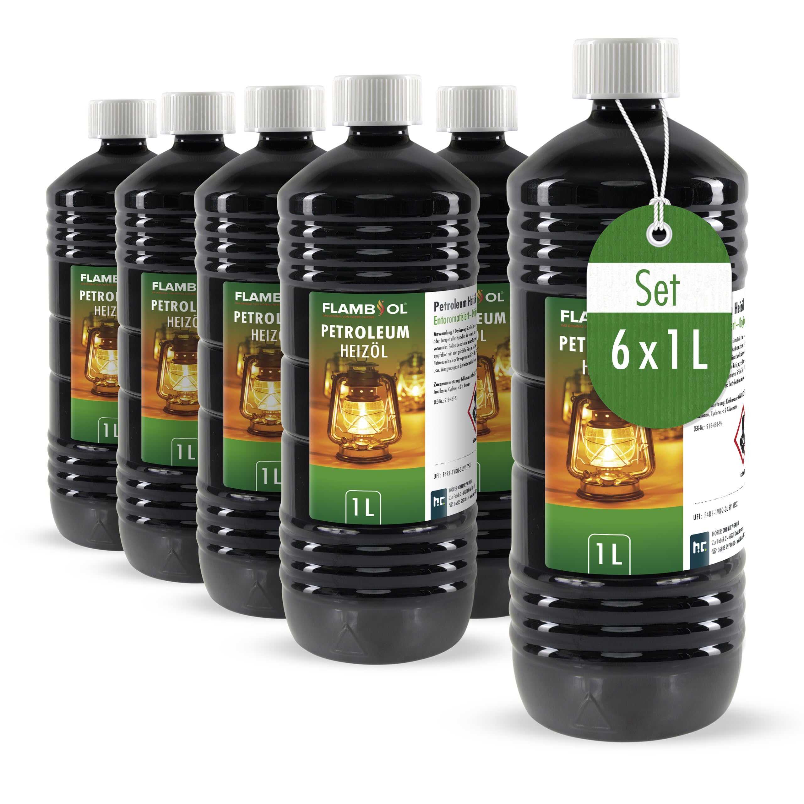 Höfer Chemie FLAMBIOL Gereinigtes Petroleum 6 x 1 L Heizöl - Entaromatisierte Qualität - Für Campingheizung, Petroleumlampe & Grillanzünder - Rußfreie Verbrennung