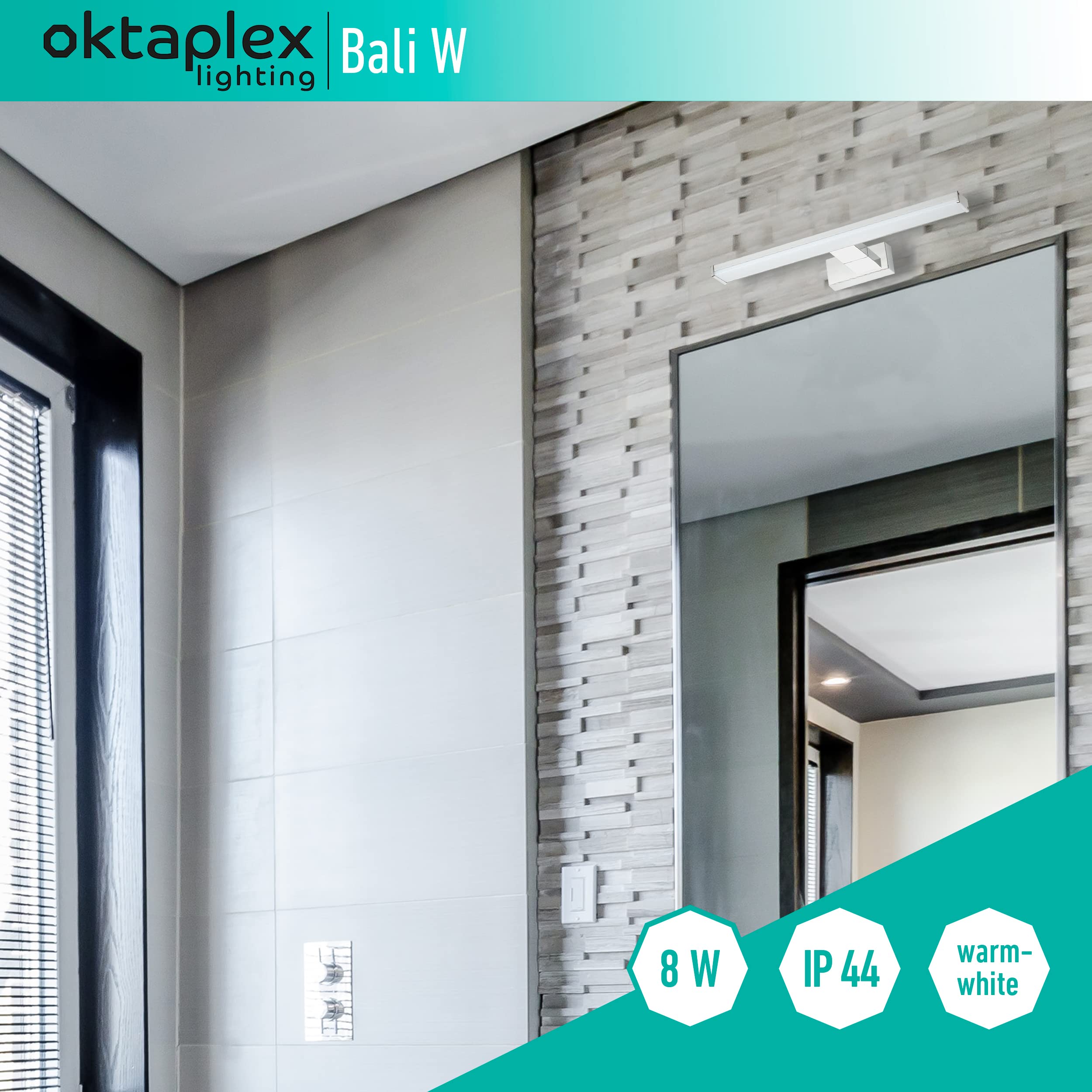 oktaplex lighting Lampe à miroir LED salle de bain BALI W 40cm 8W | Applique murale pour bain Lampe à miroir murale 640lm 3000K blanc chaud