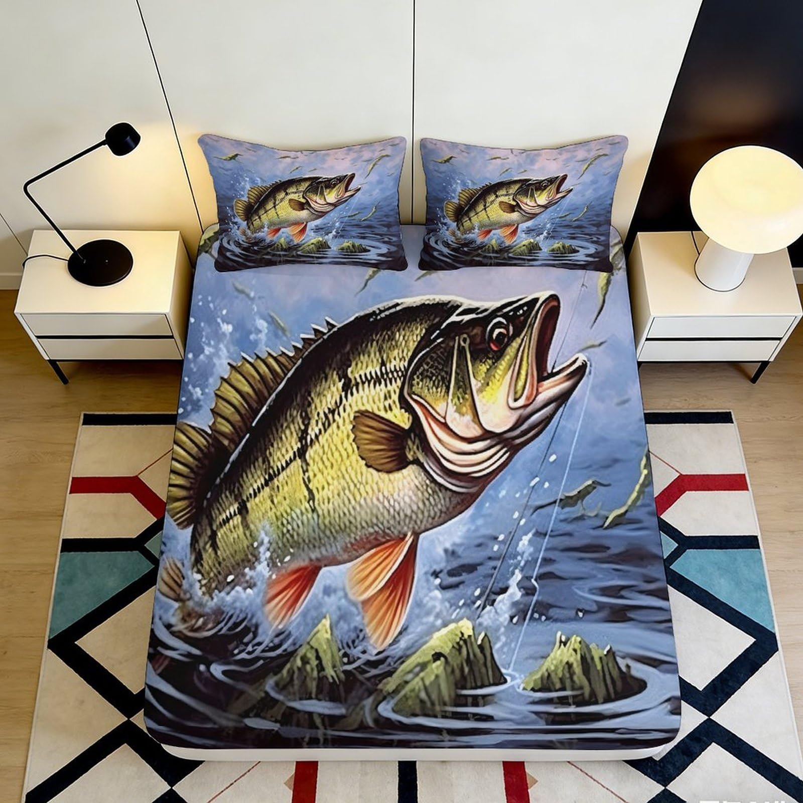 3D Printed Largemouth Bass Fishing Fitted Sheet Microfiber Anti-Slip Mattress Cover for Bedroom Dorm Easy Care Decor 200x200x25cm