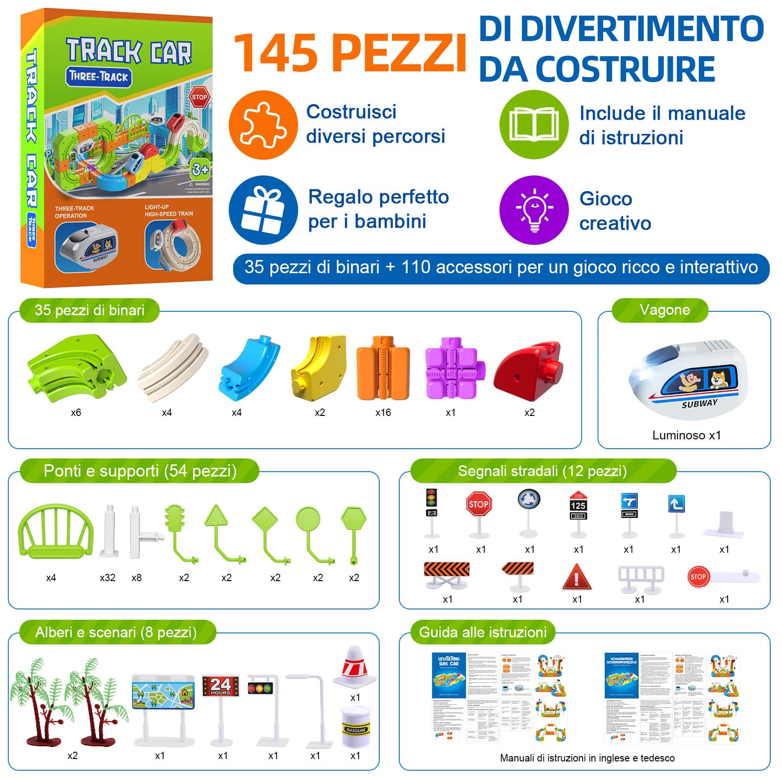 Pista ferroviaria elettrica a cubi da 145 pezzi, set trenino 3D antigravità, gioco fai da te per costruire percorsi, giocattolo educativo STEM e idea regalo creativa per bambini da 3 a 8 anni