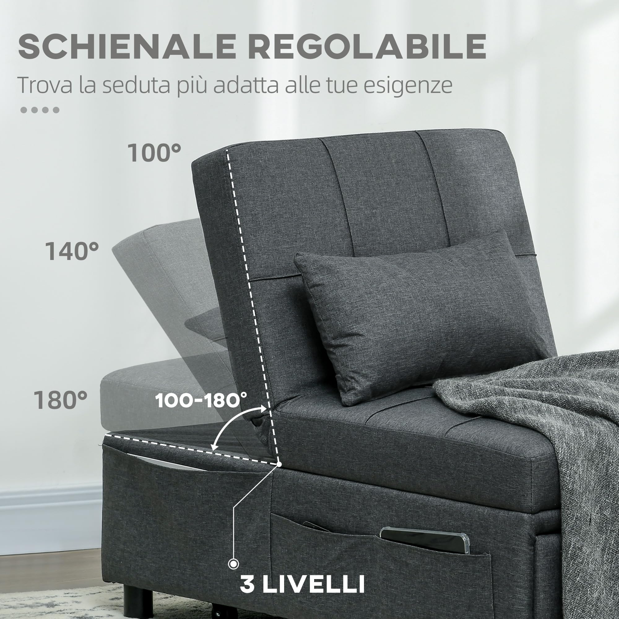 HOMCOM Poltrona Letto Singolo 3 in 1, Poltroncina Reclinabile a 3 Livelli con Rivestimento in Tessuto Effetto Lino e Cuscino, 65.5x104x81 cm, Grigio