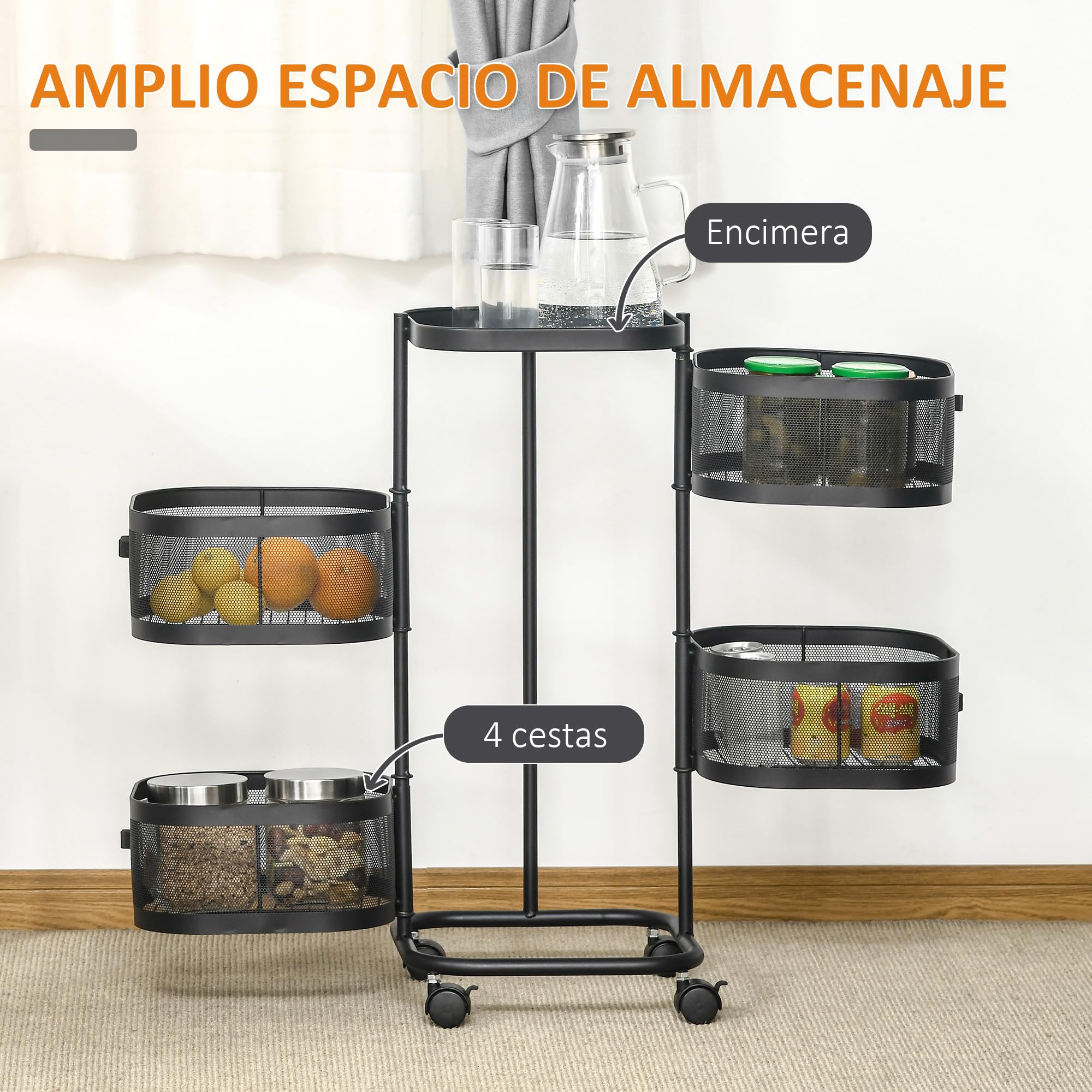 HOMCOM Carrito Auxiliar con Ruedas de 5 Niveles, Carrito de Cocina con 4 Cestas de Almacenamiento Giratorias 270° y Bandeja Superior, para Frutas, Verduras, Utensilios, 33x33x77 cm, Negro