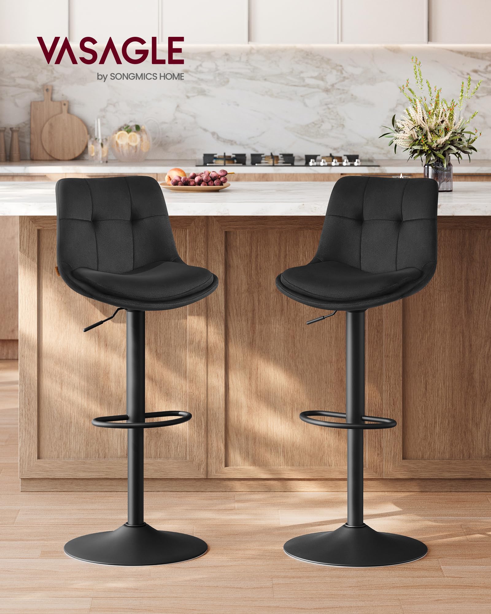 VASAGLE Barhocker 2er Set, Barstühle höhenverstellbar, drehbare Küchenhocker, Samtbezug, mit Rückenlehne und Fußstütze, Esszimmer, Theke, tintenschwarz LJB198BH01