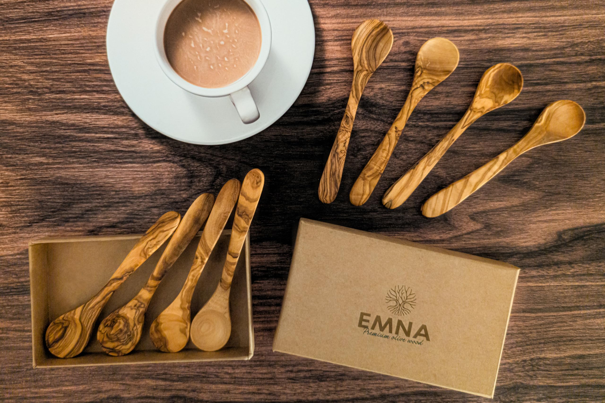 EMNA - Drewno oliwkowe 8 x łyżka 14 cm, łyżka do przypraw, łyżka deserowa, łyżeczka do kawy, łyżeczka do herbaty, naturalna, antybakteryjna, wszechstronna, pomysł na prezent do kuchni, smakoszy, w
