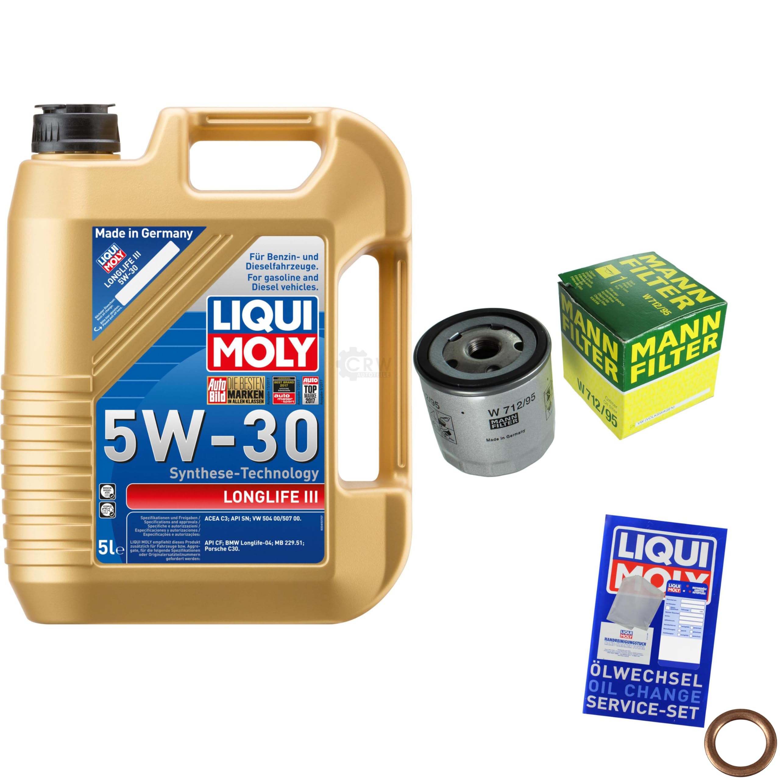 Inspektionspaket 5L 5W-30 für A3 Limousine Sportback Arona IV Kasten VIII V | Motoröl LIQUI MOLY Longlife III 5W-30 Ölfilter Dichtring
