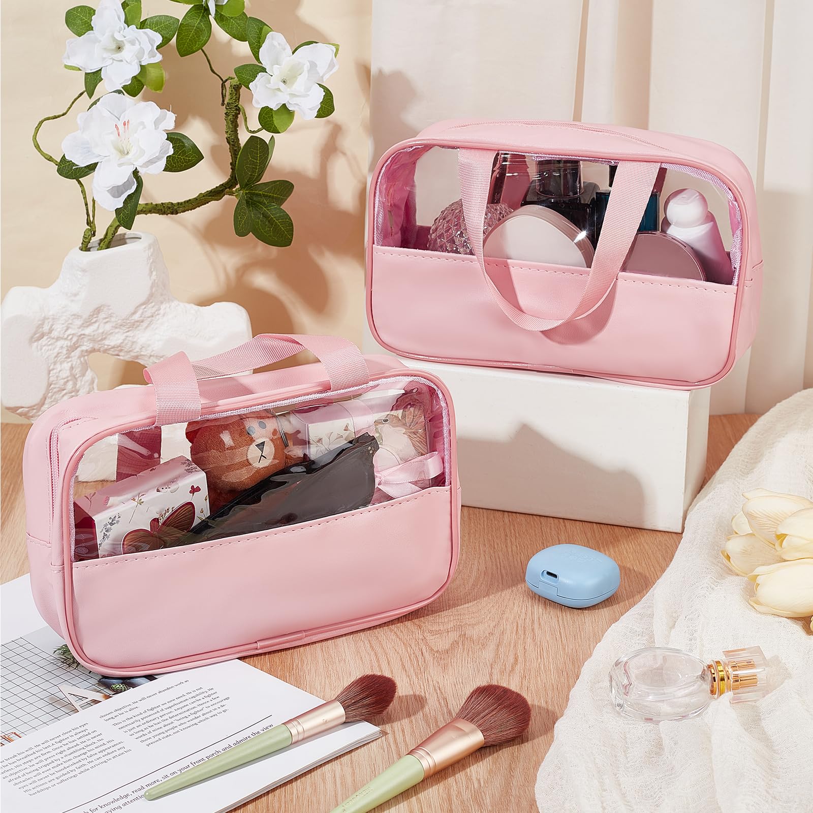 15 Trousse de Maquillage Transparente Trousse de Toilette de Voyage de 25x15x7cm Pochette de Rangement Étanche et Portable avec Poignées de Suspension pour Accessoires de Toilette