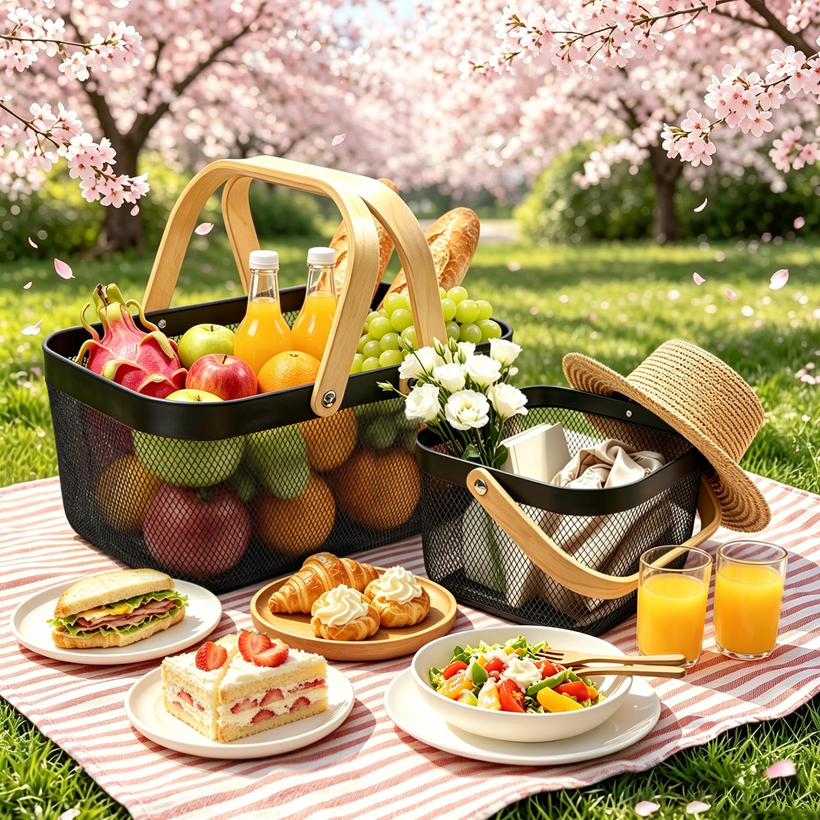 Cheardia Paquete de 2 cestas de picnic, cesta de cosecha de malla de metal con mango de madera plegable, cesta de almacenamiento rectangular para jardín, verduras, frutas, jardín, cocina, armario,