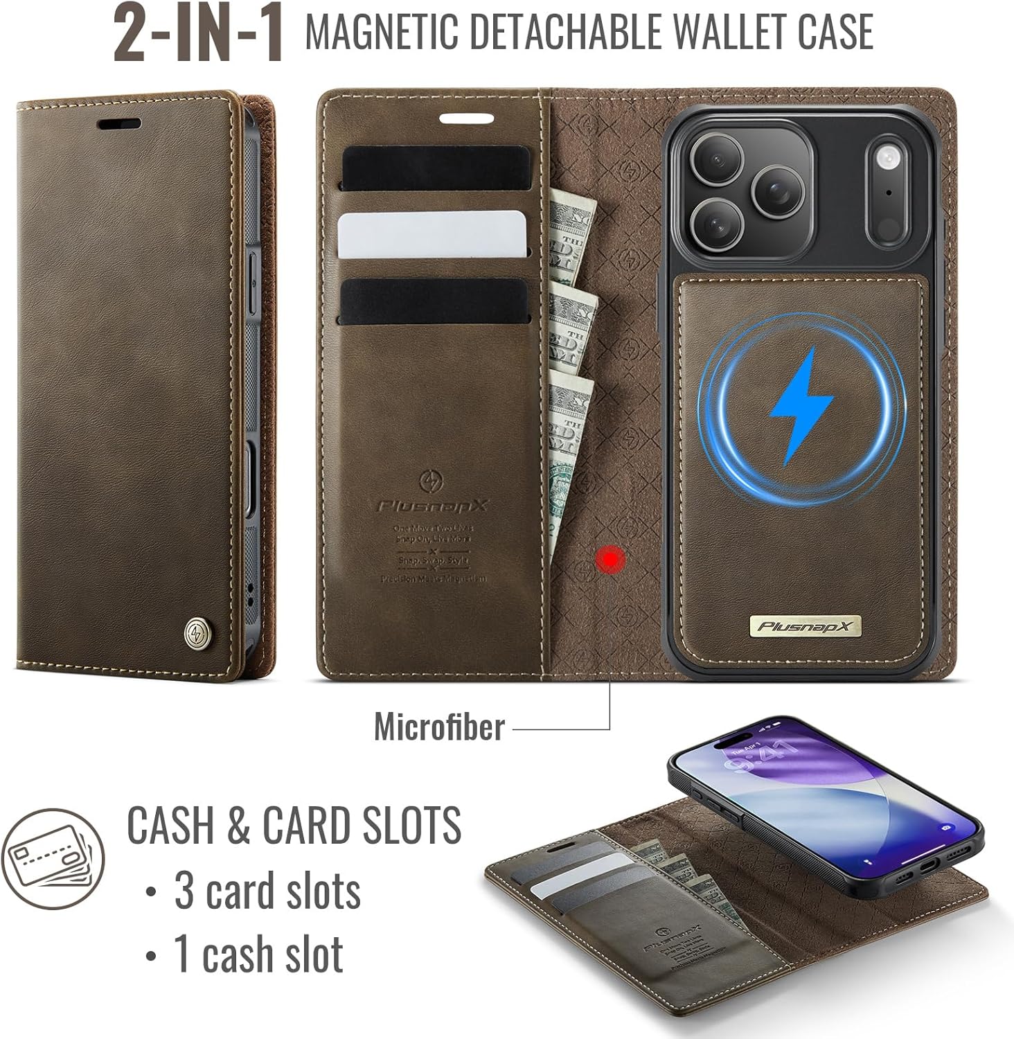 Wallet Case for iPhone 17 Pro Compatible with Magsafe, 2-in-1 PU Leather Flip RFID Blocking Card Holder Stand Shockproof Magnetic Detachable Cover for iPhone 17 Pro Case 6.3", Brown - Image 9