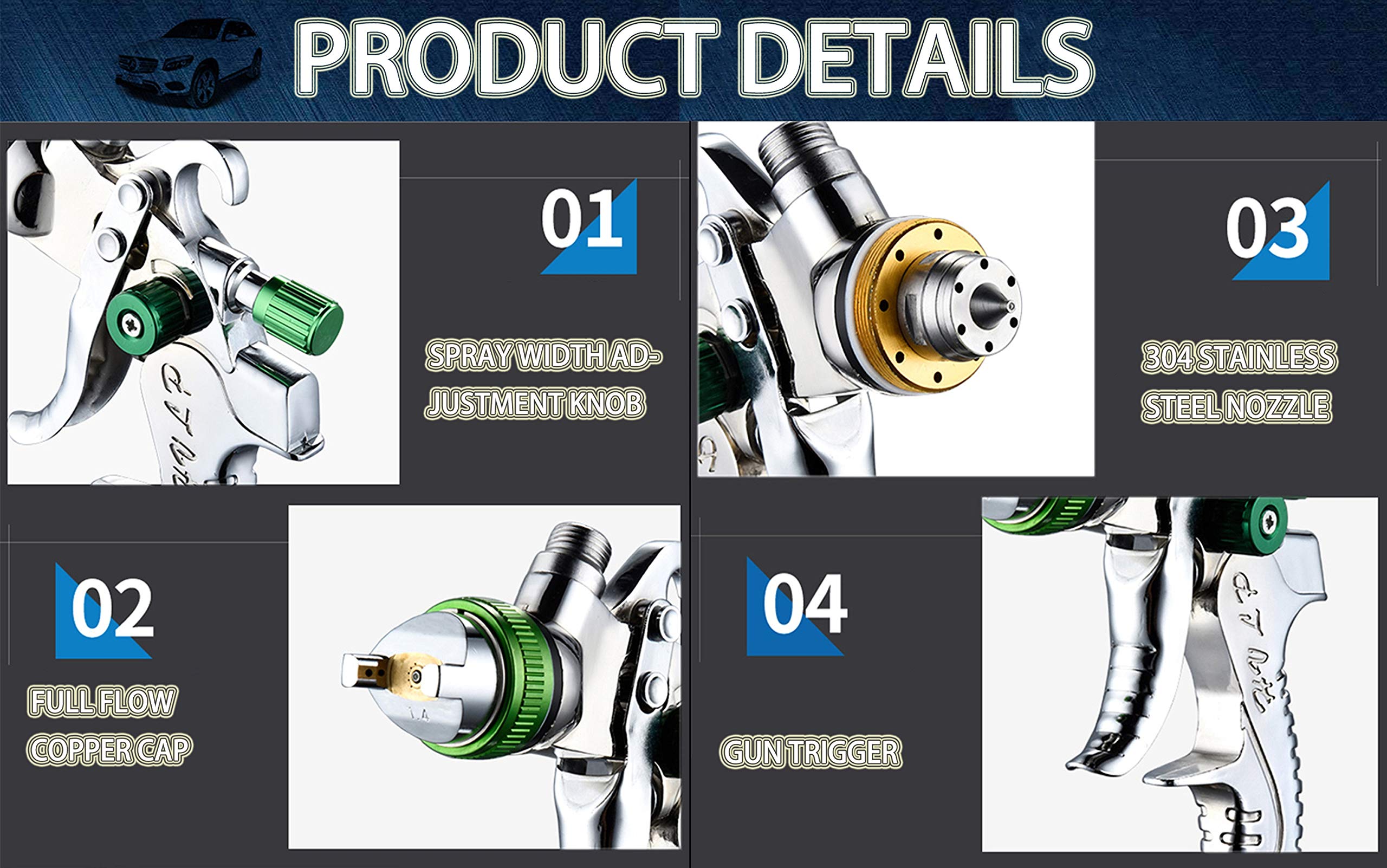 Kit Complet de Pistolet HVLP avec 3 Buses de détail (1,4/1,7/2,0 mm)
