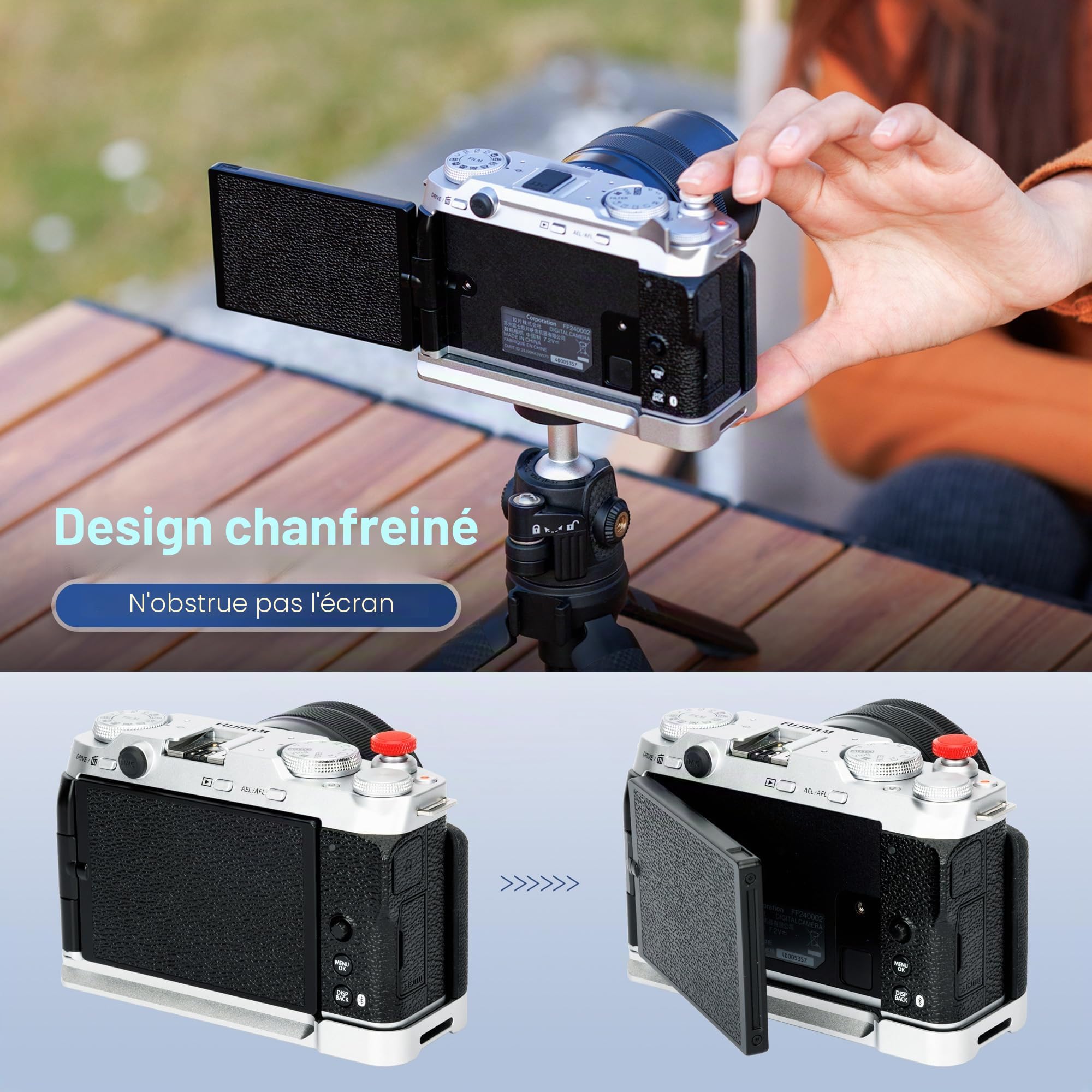 JJC XM5 Poignée en Métal pour Appareil Photo Fujifilm Fuji X-M5, Type Arca Swiss Support de Plaque à Dégagement Rapide avec Support en L en Silicone Antidérapant pour une Meilleure Prise en Main, Noir