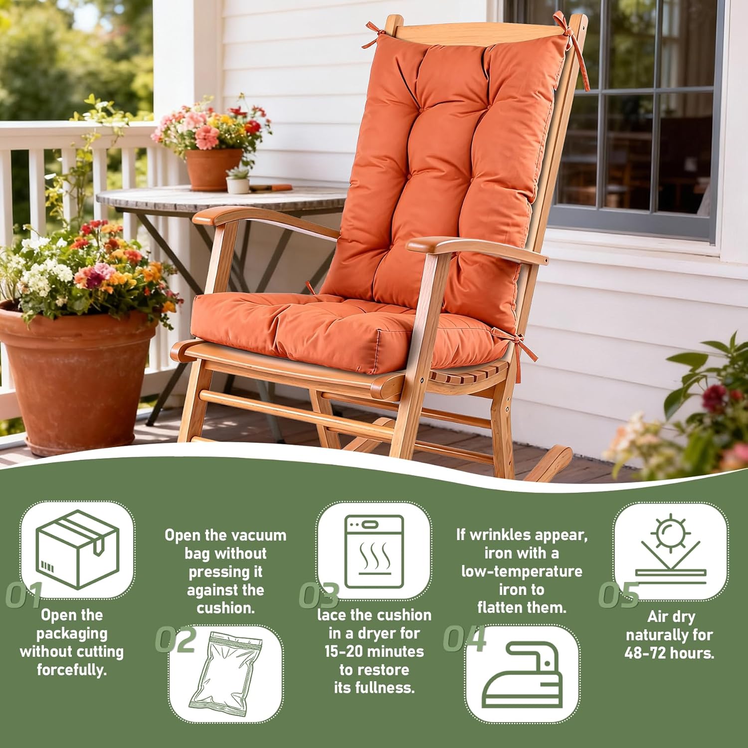 Rocking Chair Cushion with Ties Non-Slip Outdoor Rocking Chair Cushion Set Waterproof Fade-Resistant Porch Garden Patio Glider Rocker Cushions