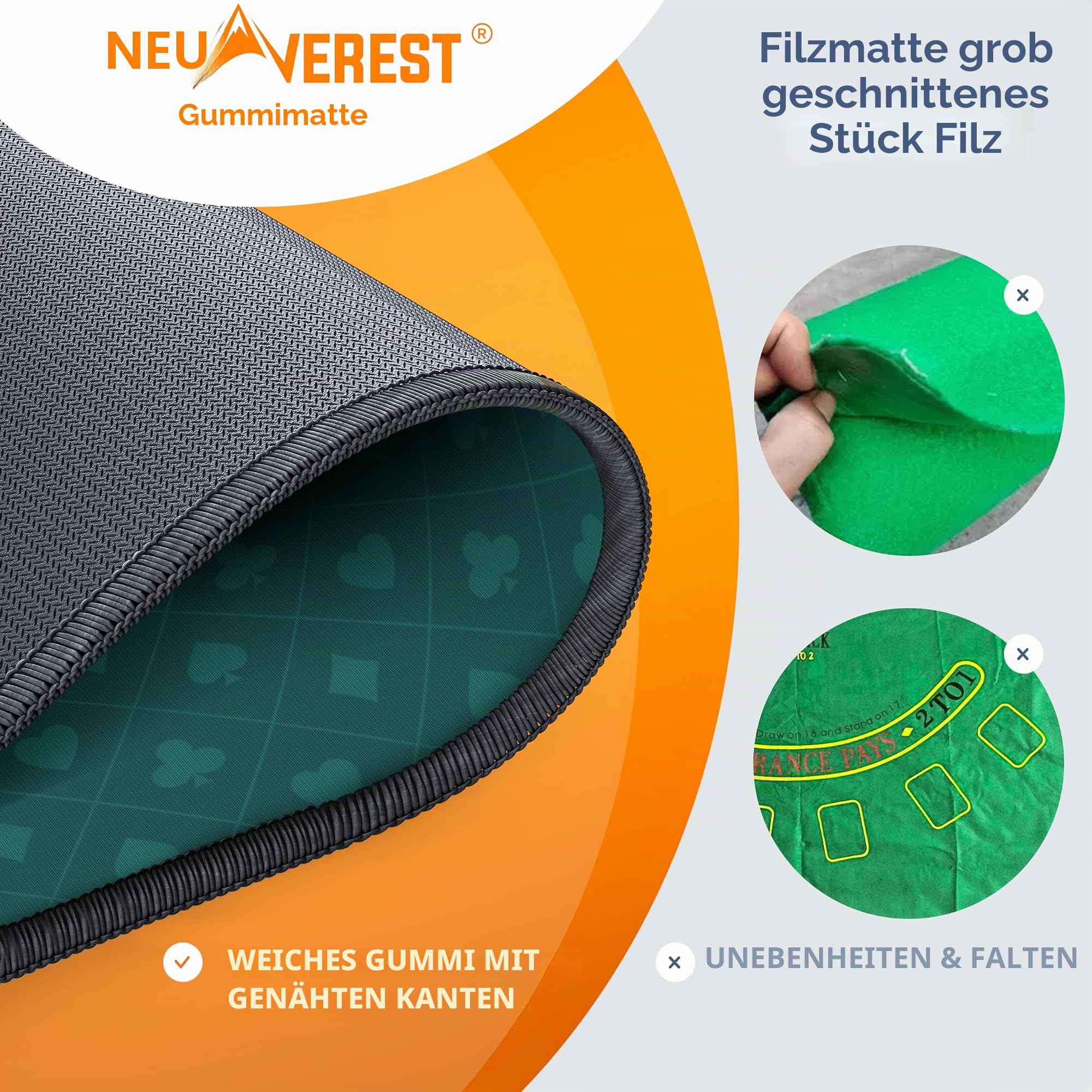 Newverest Blackjack Tischmatte 180 x 90 cm – Casino Tischauflage für Spielabende zu Hause mit Freunden | Poker- & Blackjack- Matte mit Reißverschlusstasche, 8 Untersetzer & Geschenkbox