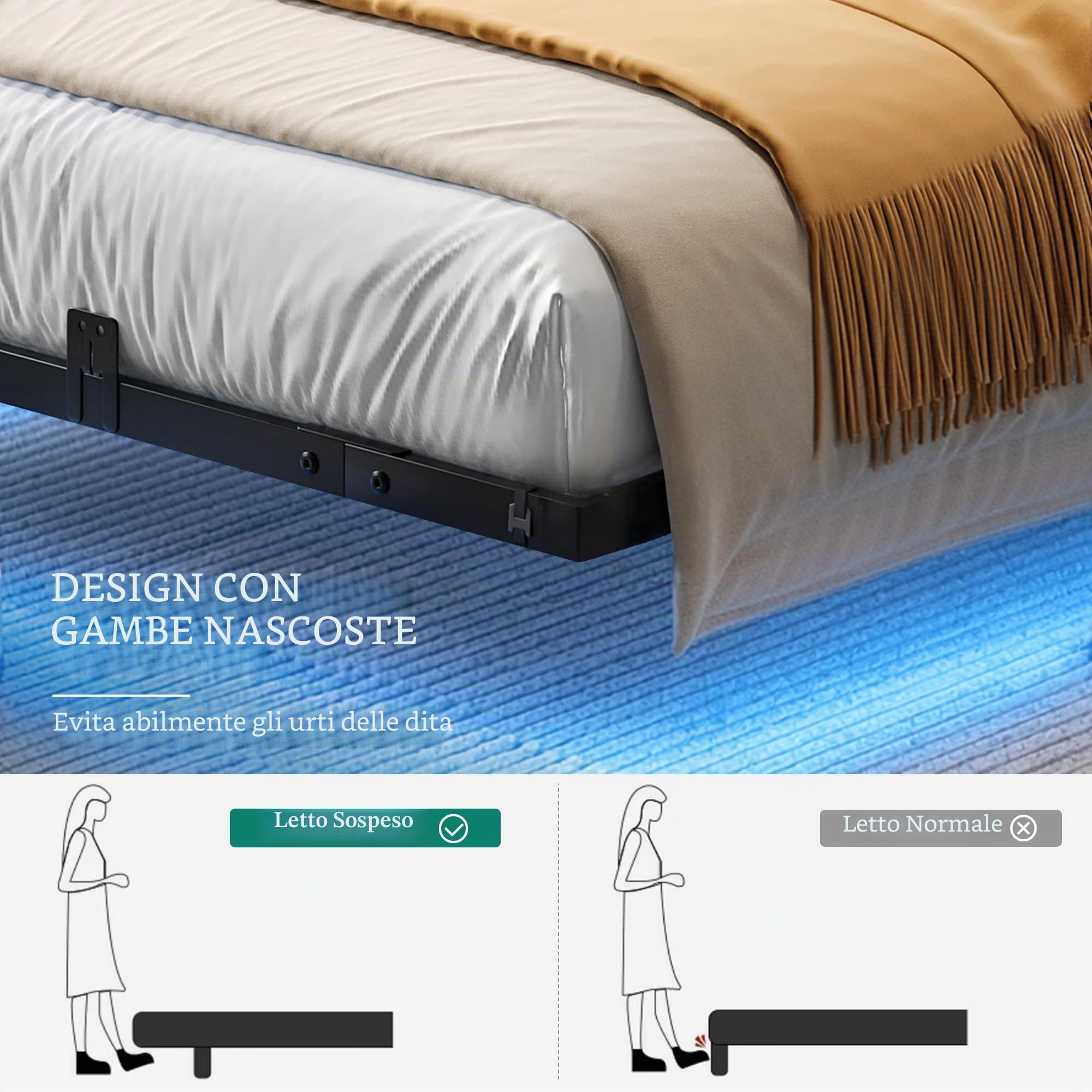 YITAHOME Telaio da letto a LED con testiera, illuminazione,stazione di ricarica USB, con testiera, design fluttuante, struttura in metallo, rivestimento in tessuto grigio, senza materasso, 120X200CM