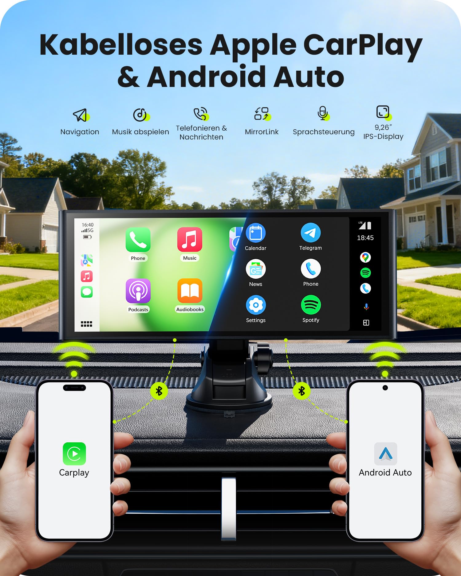 9,26" Tragbares Carplay Display für Apple CarPlay Android Auto, OTA