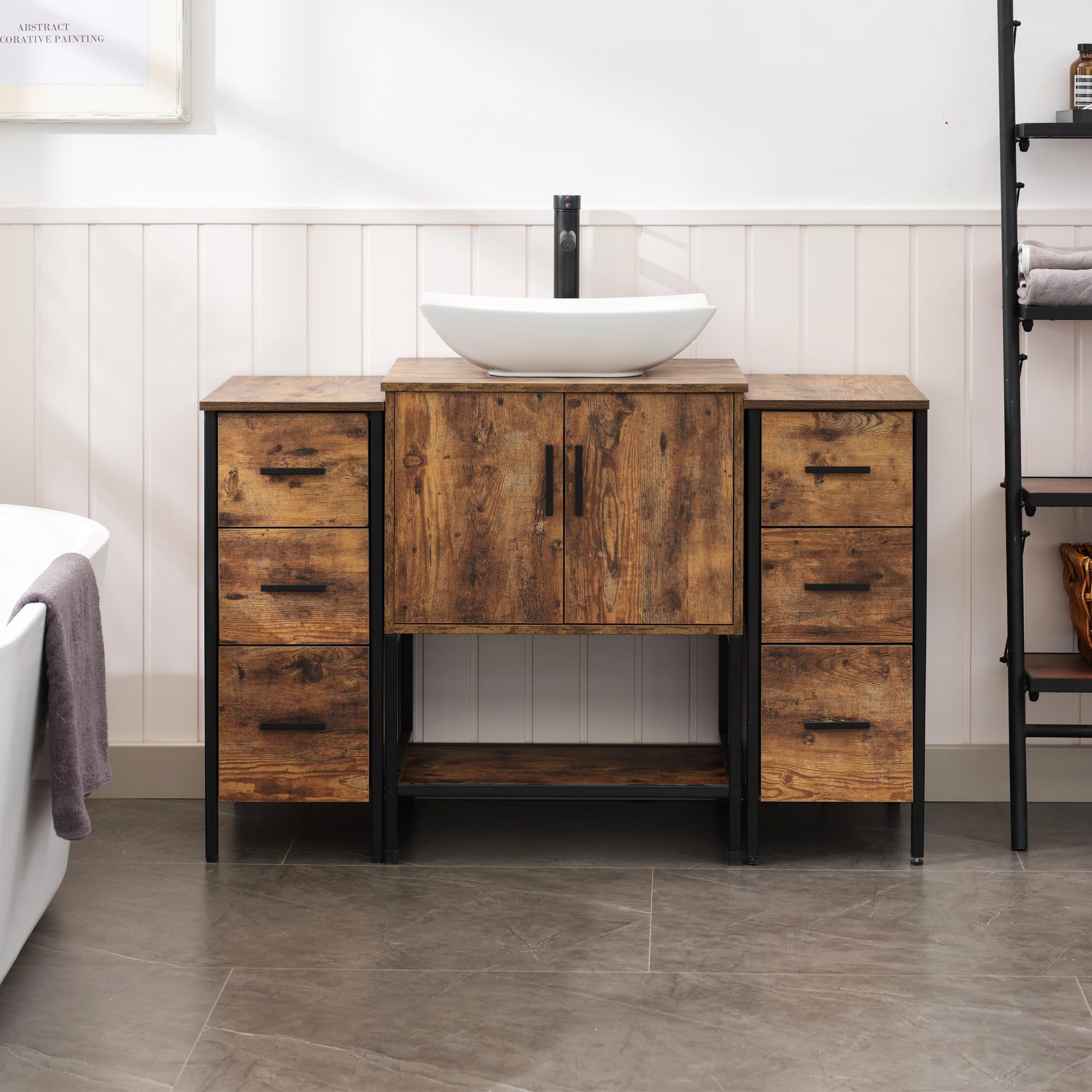 UEV 48" Rustic Brown Bathroom Vanity with Sink Combo,Industrial Iron Frame Bathroom Cabinet Sets with Double 3 Drawers Side Cabinet,Modern Artistic