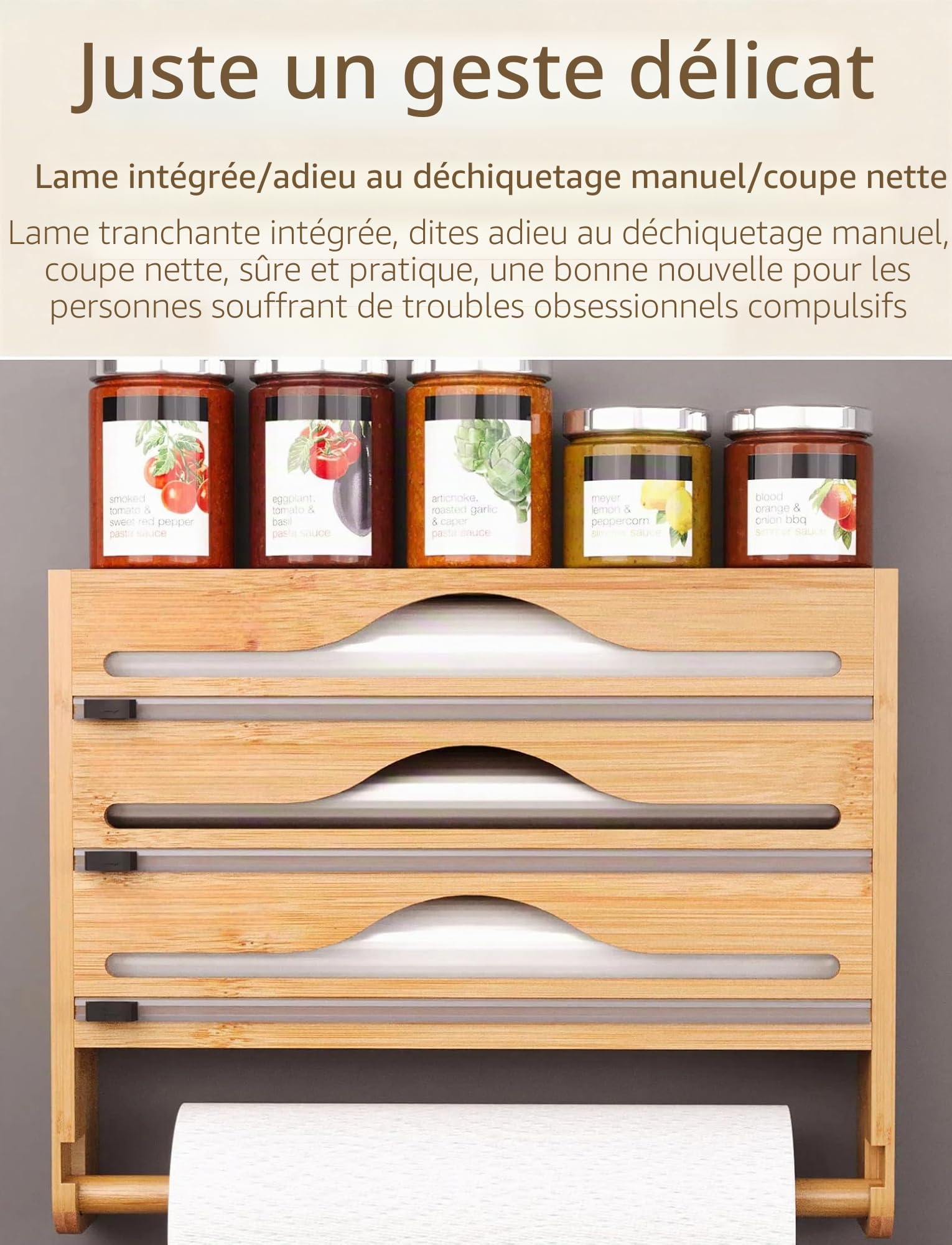 Distributeur de film étirable et coupe-papier avec porte-rouleau de cuisine, distributeur d'aluminium avec support de papier, distributeur mural en bambou et distributeur de film étirable, compatible