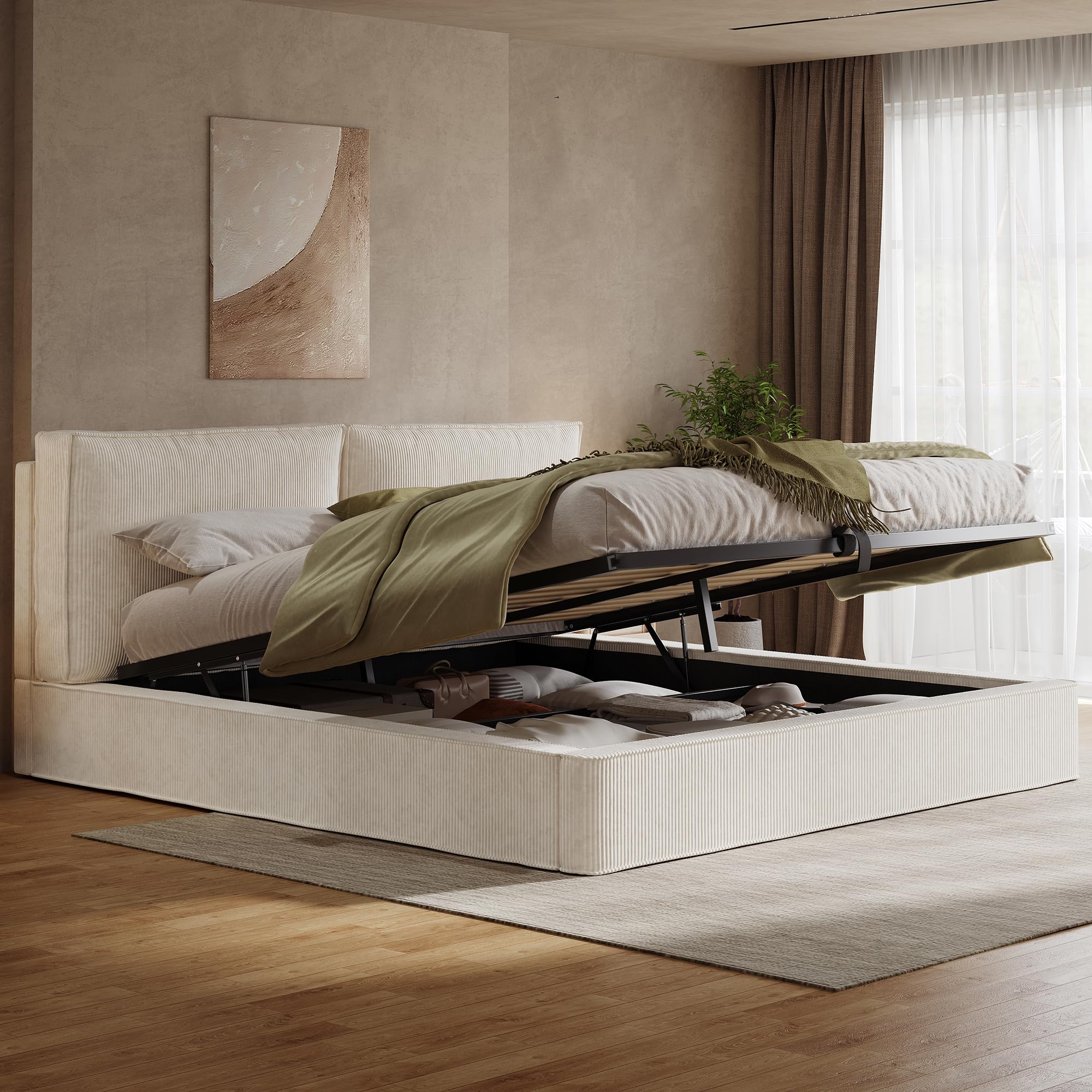 Merax Polsterbett Doppelbett 180x200 cm mit hydraulischem Stauraum & Lattenrost, Samt, 13 cm Dickes gepolstertes Kopfteil (105 cm hoch), eingebaute Struktur, Cord, Beige (Ohne Matratze)