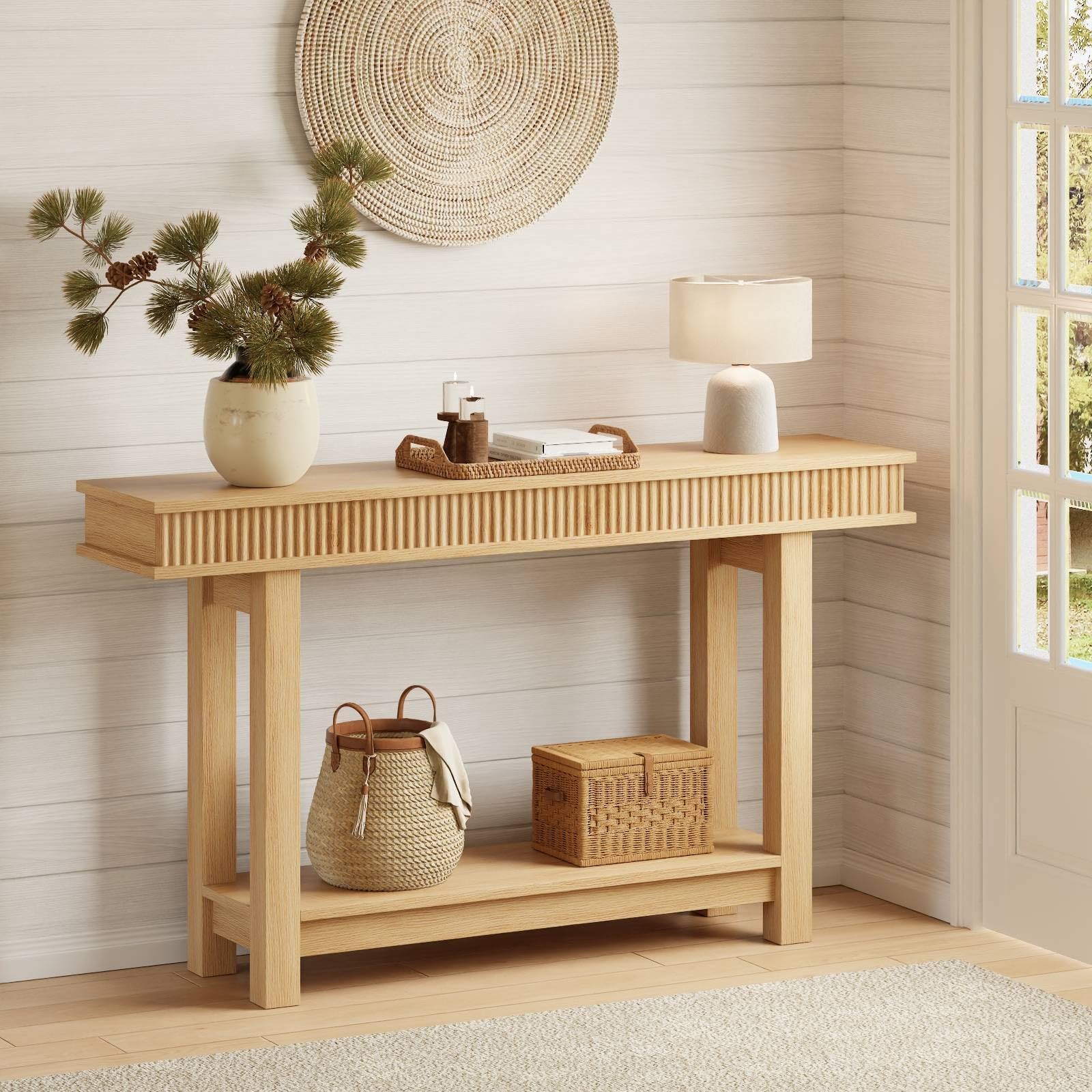 Garvee Mesa Consola Estrecha De Estilo Granja para Comedor - Diseño De Dos Niveles con Estante De Almacenamiento - Ideal para Entrada, Pasillo o Detrás del Sofá - Acabado En Madera Natural