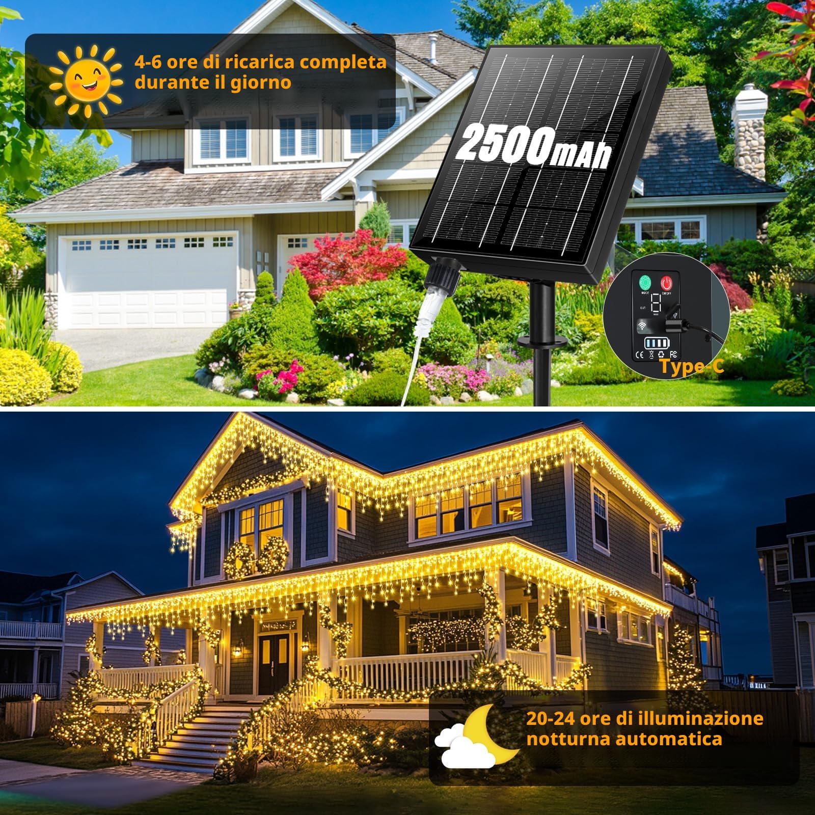 Solari Tenda Luminosa Esterno [20m + 5m], 660LEDs Luci Natale Esterno con 2500mAh Pannello Solare,Collegabili,8 Modalità,Luminosità Regolabile,IP65 Luci Natale Esterno Cascata [Bianco Caldo]