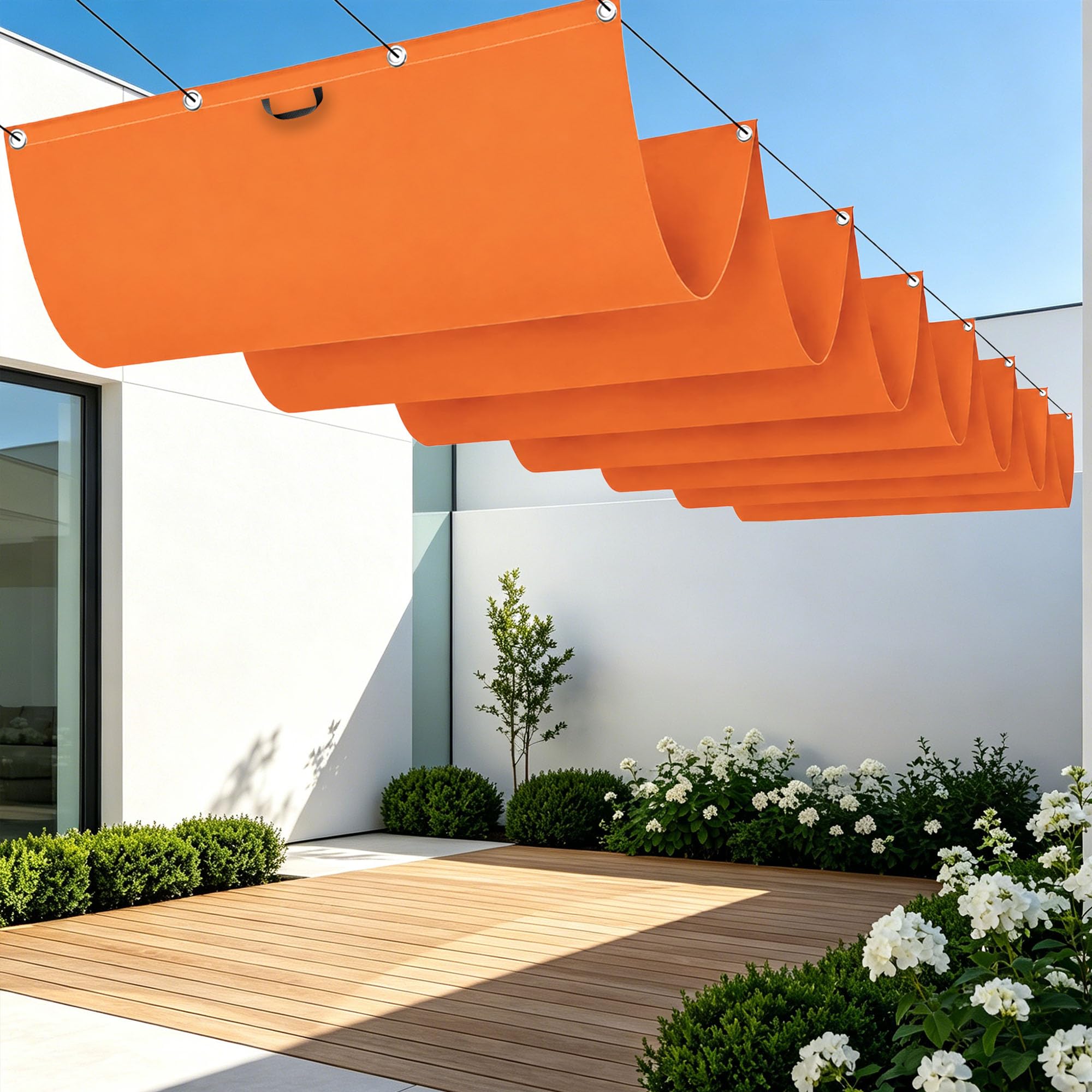 Toile rétractable vague orange 500x560 cm pour repas de famille au jardin