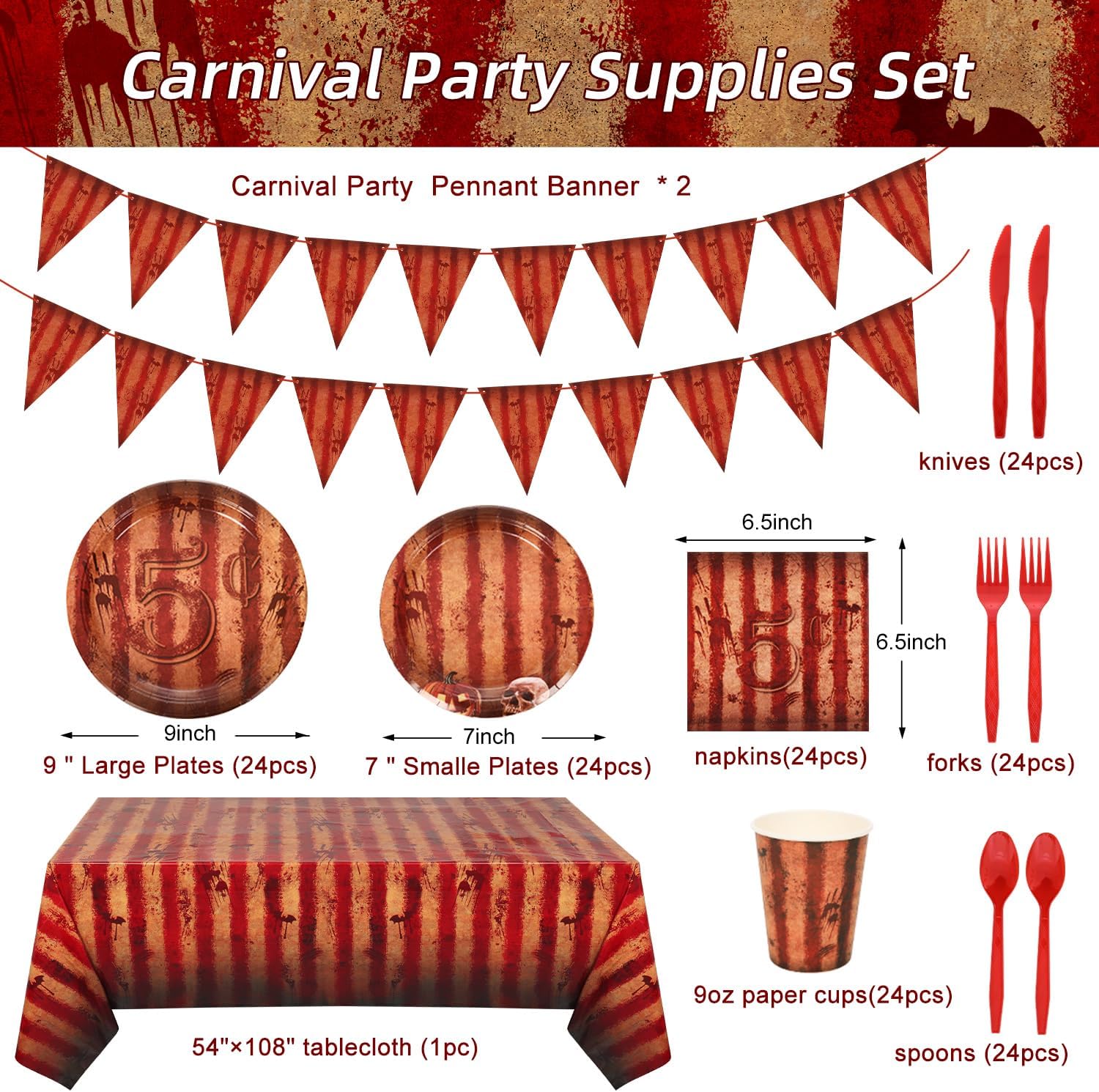 172 Pcs Creepy Carnival Table Decorations Red Striped Tableware Cutlery Set with Table Cloth Paper Plates Napkins Cups Knives Forks Spoon Circus Theme Party for Halloween Birthday Picnic Decor