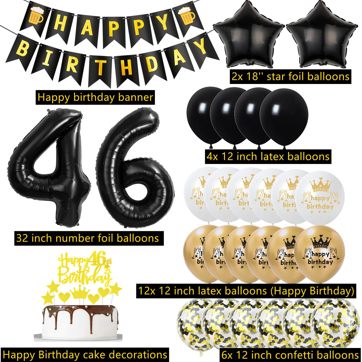 Palloncino Numero 46 Oro XXL 80cm + Striscione Happy Birthday Per Compleanno Donna, Decorazioni In Foil