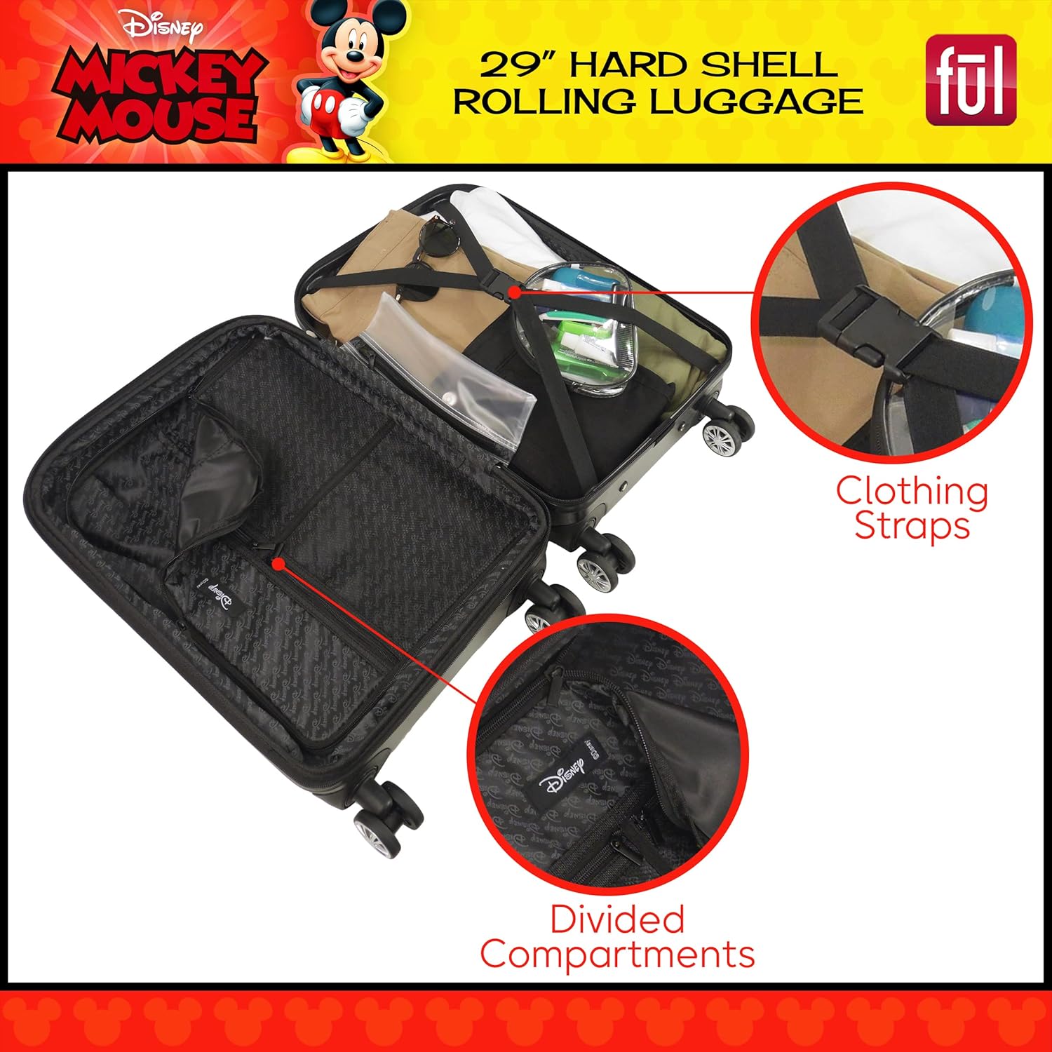 review FUL Disney Mickey Mouse 29 Inch Rolling Luggage, Molded Hardshell Suitcase with Wheels, Black