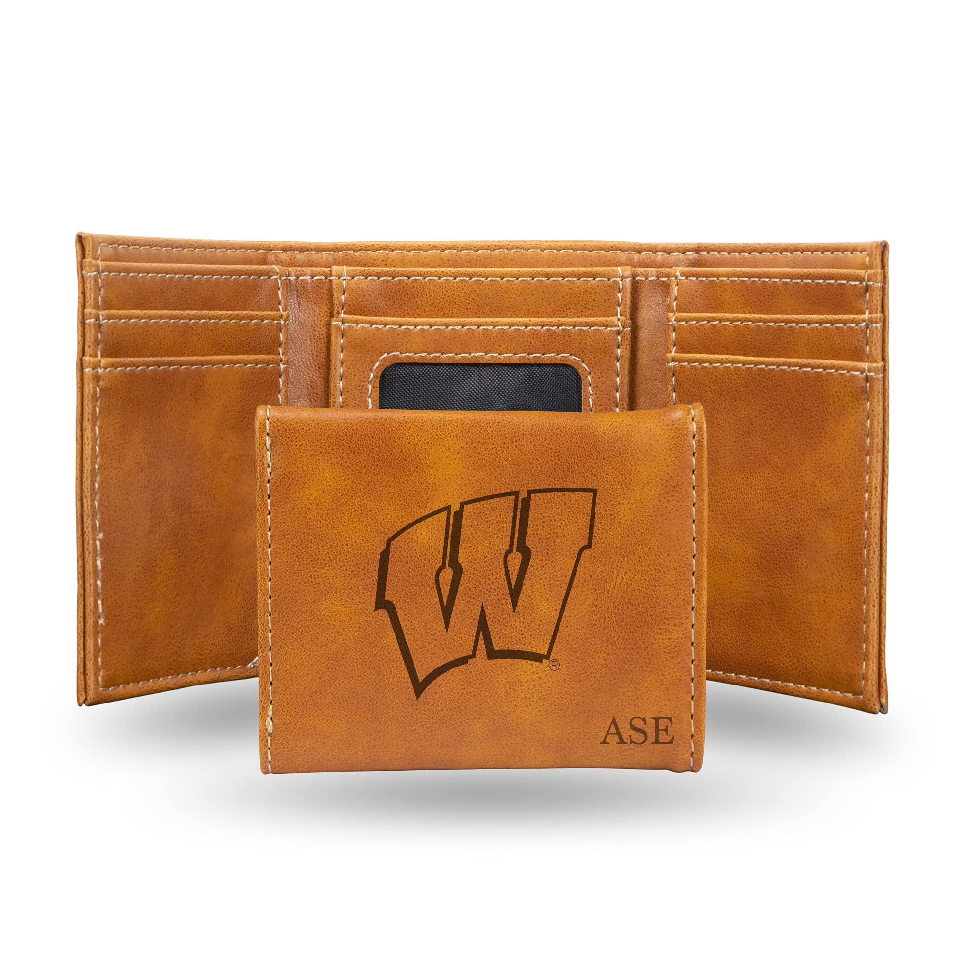 Rico Industries NCAA Wisconsin Badgers Brown Personalized-Custom Laser Engraved Faux Leather Tri-fold Wallet - Slim Wallet