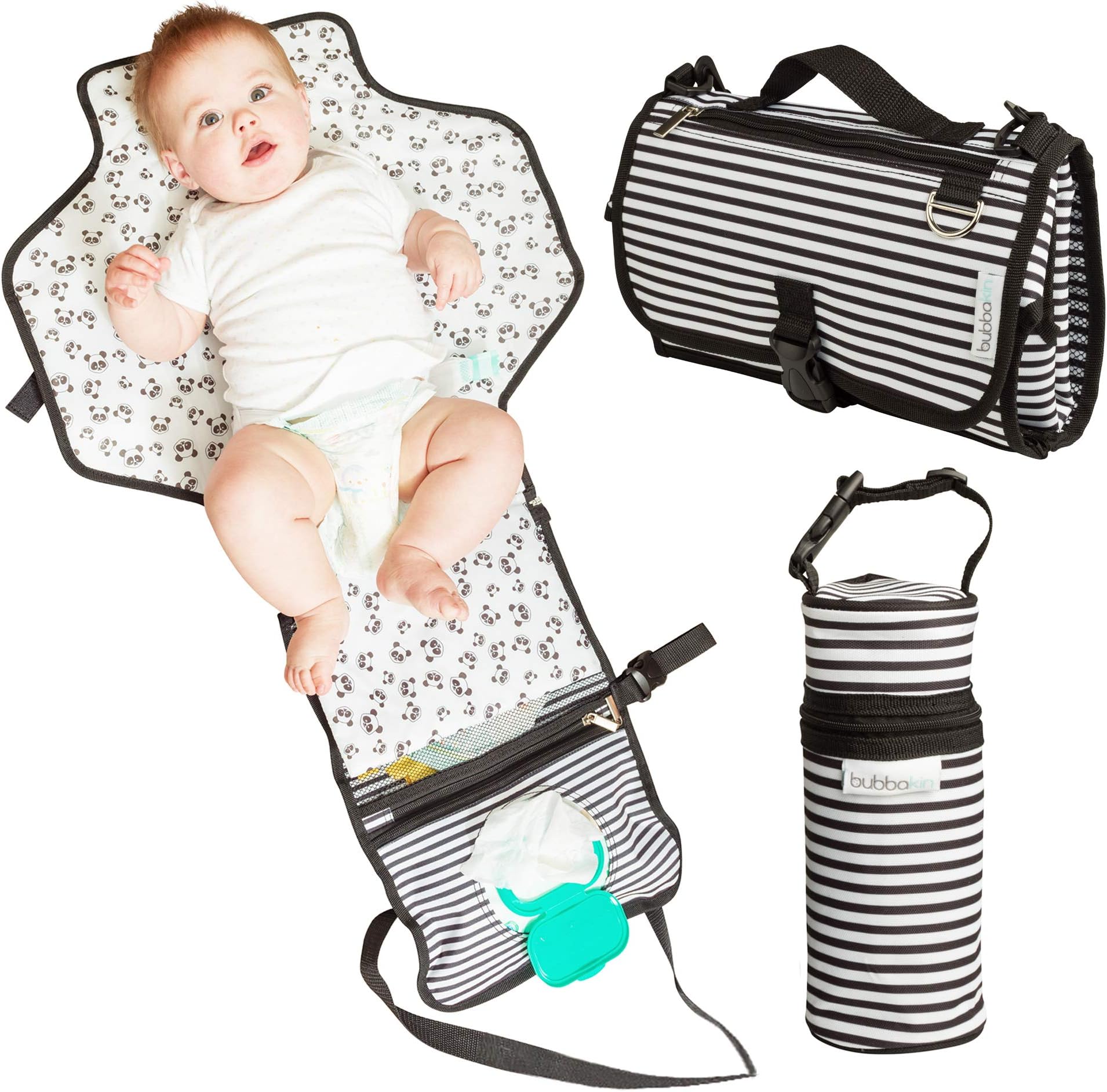 Bubbakin Portable Changing Mat with Insulated Bottle Bag | Waterproof Extra Large Cushioned Pillowed Baby Changing Bag | Holds Baby Wipes | Perfect for Newborns, Babies and Toddlers