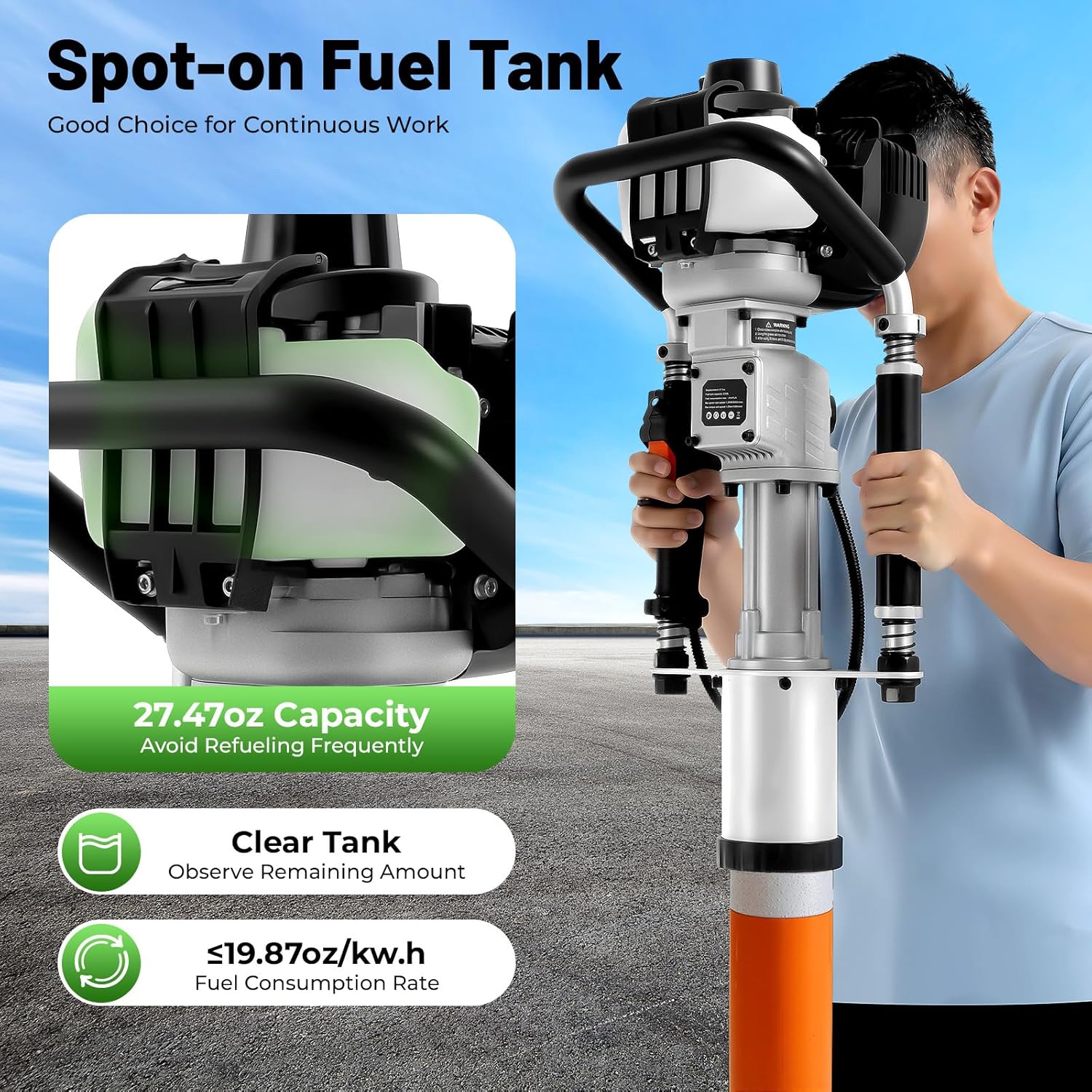 Bepritm Gas Powered T Post Driver, 37.7CC 4 Stroke Fence Post Pile Driver Gasoline Piling Engine with 2 Piling Heads, Portable Petrol Piledriver Single Cylinder Air Cooling 8500r/min (37.7CC 4 Stroke)
