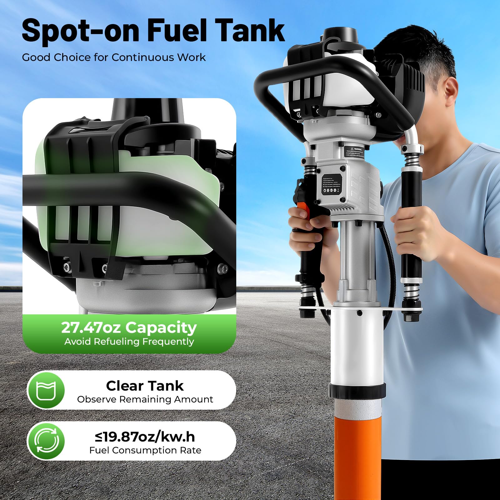 Pistola de gasolina de 1200 W portátil con motor de 4 tiempos, tanque de clarificación de 0,65 l y 2 cabezales de pilote (φ45/55 mm) para construcción, horticultura y agricultura