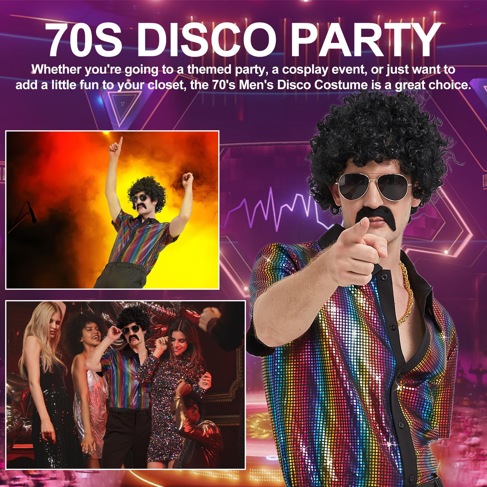 Ezuwail Herren 70er Jahre Disco Outfit Kostüm Kurzarmhemden Schlaghosen Perücken Halskette Schnurrbart Sonnenbrille 6Pcs