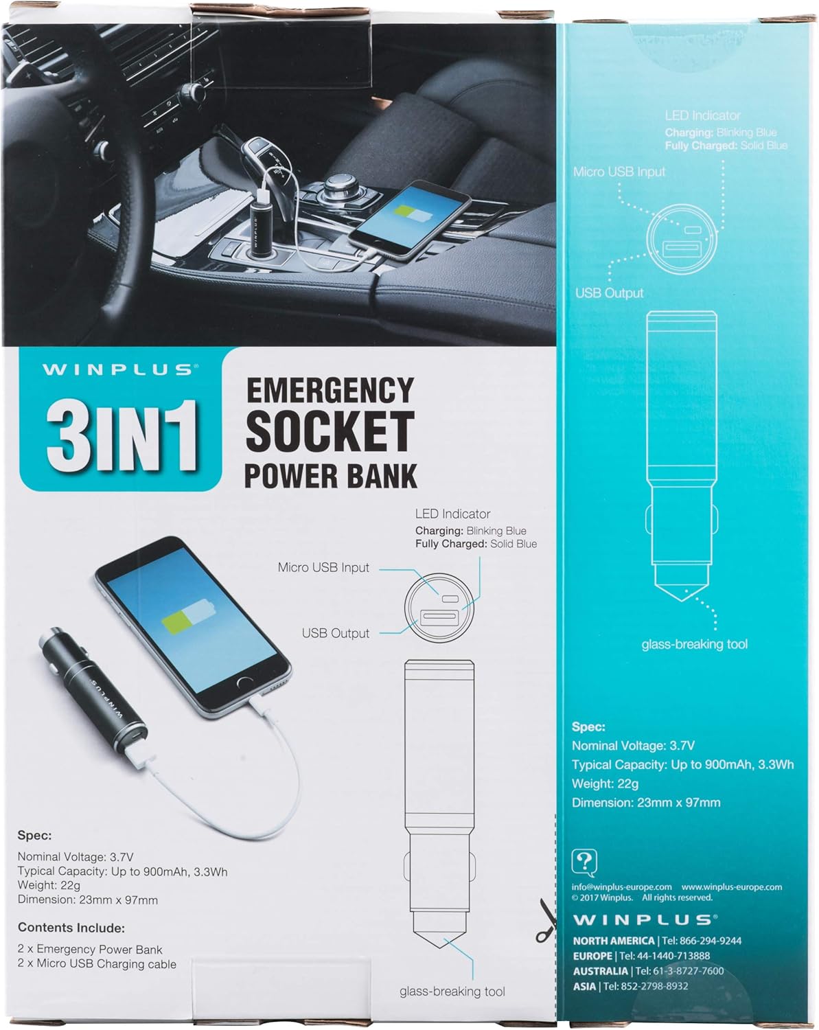 Back of the Winplus 3-in-1 Emergency Socket Power Bank packaging, illustrating the LED indicator behavior and the glass-breaking tool.