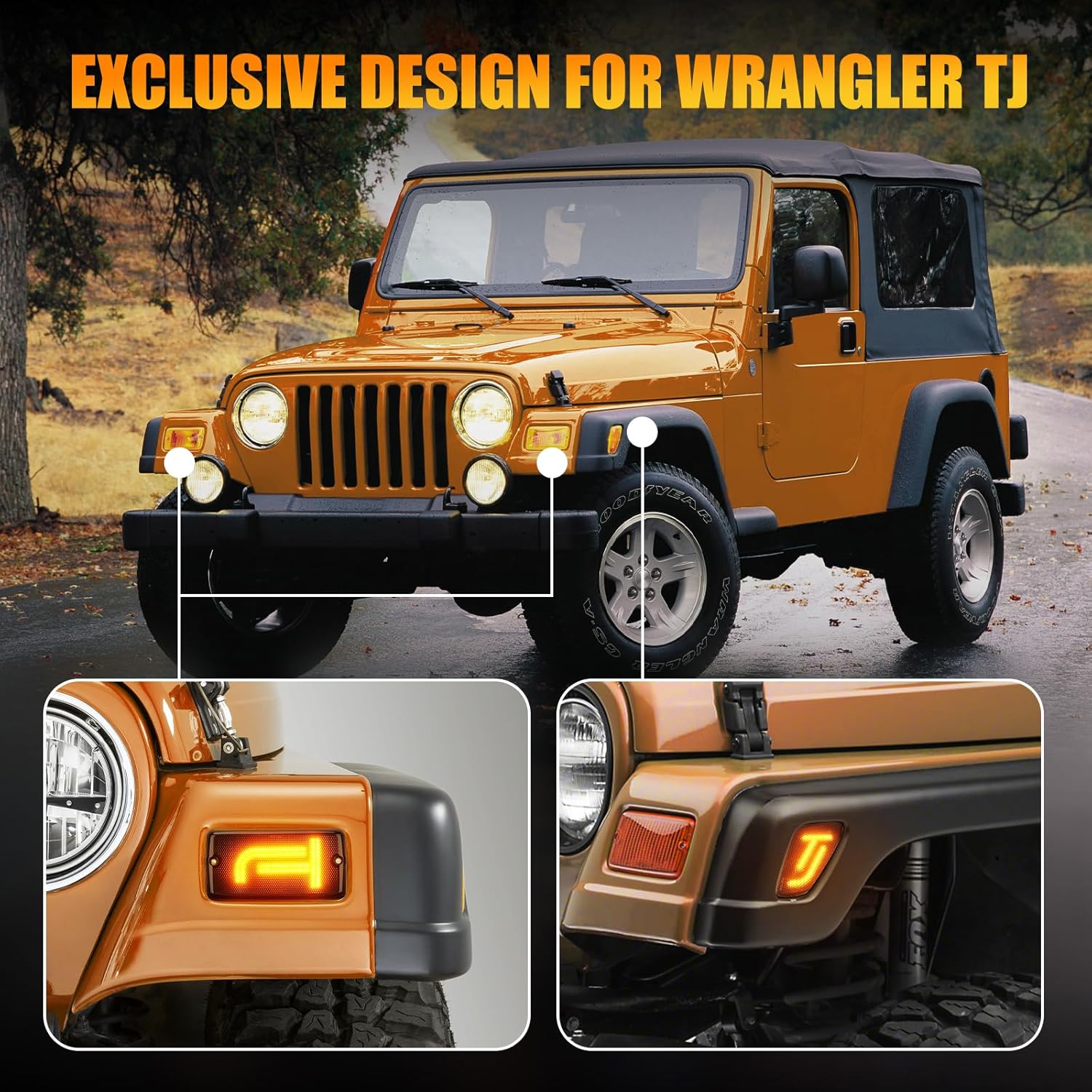 Brighter TJ LED Turn Signal Lights and Side Marker Lights with Cool TJ Shape, Front Turn Signal Lamps Fender Side Markers Lights with Smoked Lens Covers Fit for Wrangler TJ 1997-2006, Plug & Play
