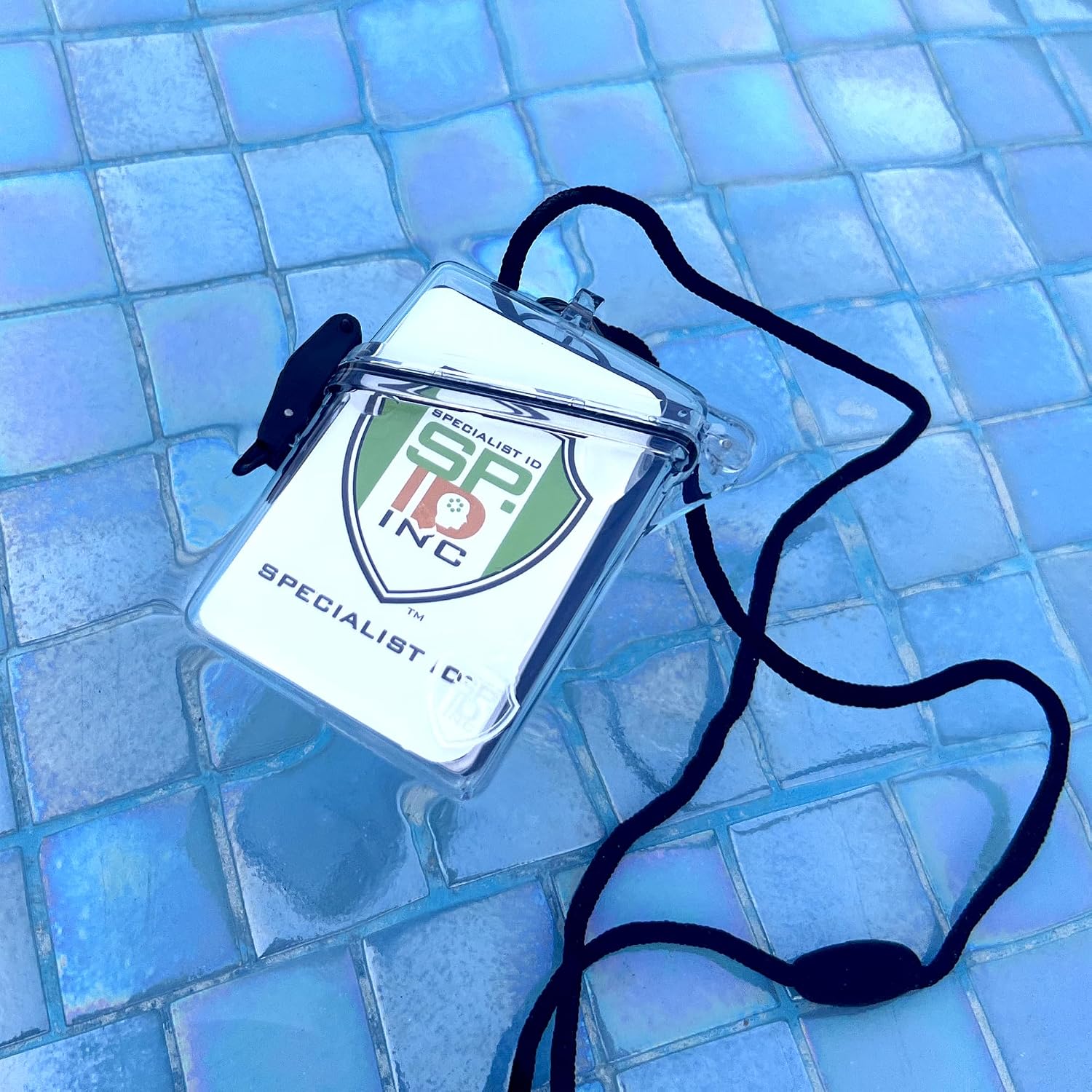 5 Pack - Waterproof ID Badge Holder with Lanyard & Clip - Money Holder for Swimming, Beach or Cruise - Clear Hard Plastic Water Proof Case for Key, Credit Cards & Travel Witz + Specialist ID (Clear)