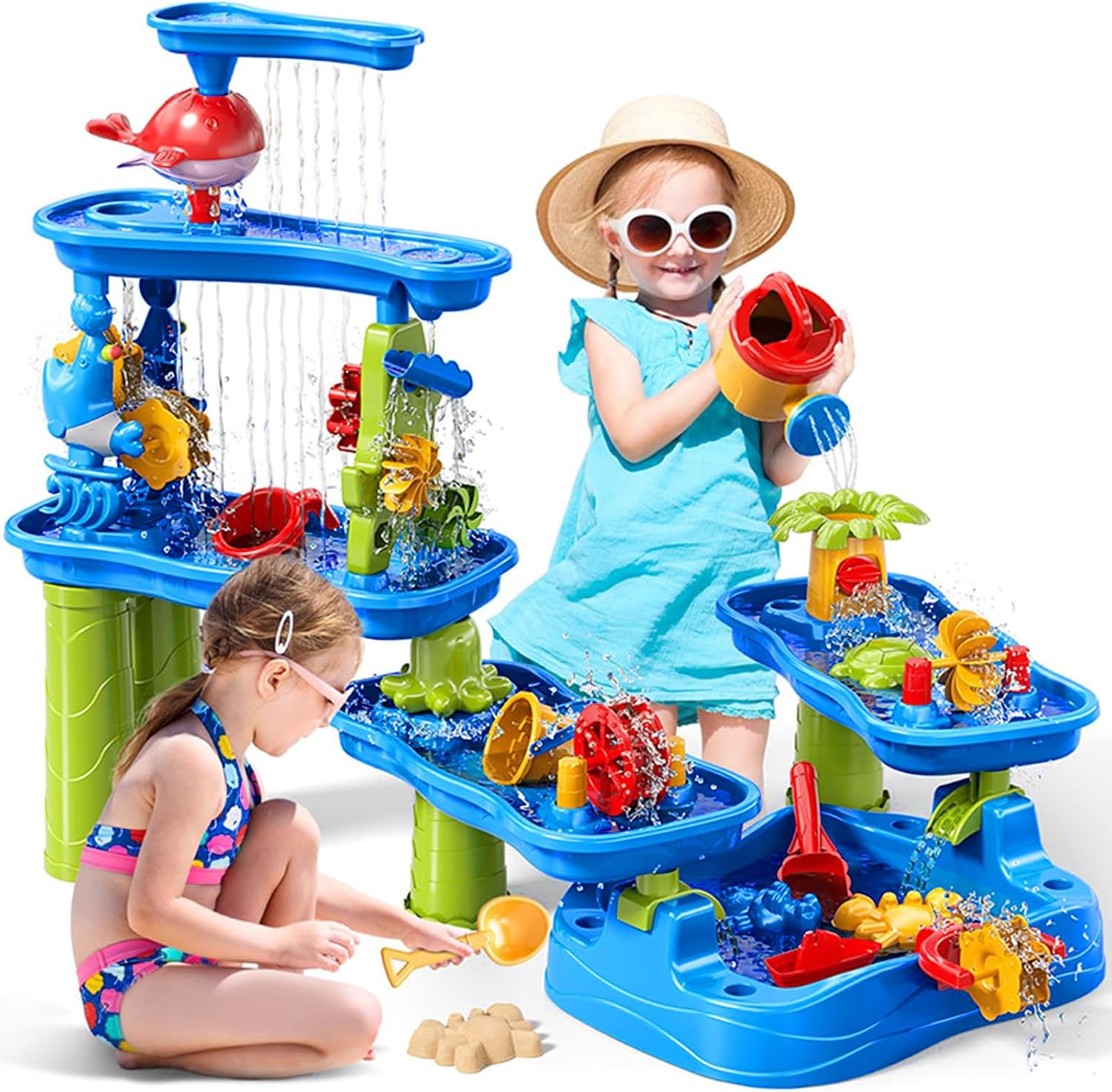 Kids Summer Beach Multi-Level Design Sand Water Table, Toddlers Sensory Play Table, Large Outdoor Activity Toys for Multiple Children