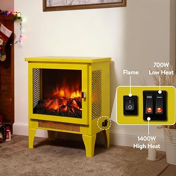 17 Electric Fireplace, Freestanding Fireplace Heater with Realistic Flame & Log, Overheat Protection, 700W/1400W, Yellow