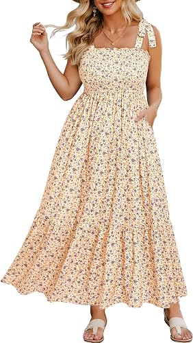 Women Plus Size Summer Dresses Maxi Floral Sleeveless Smocked Sun Dress