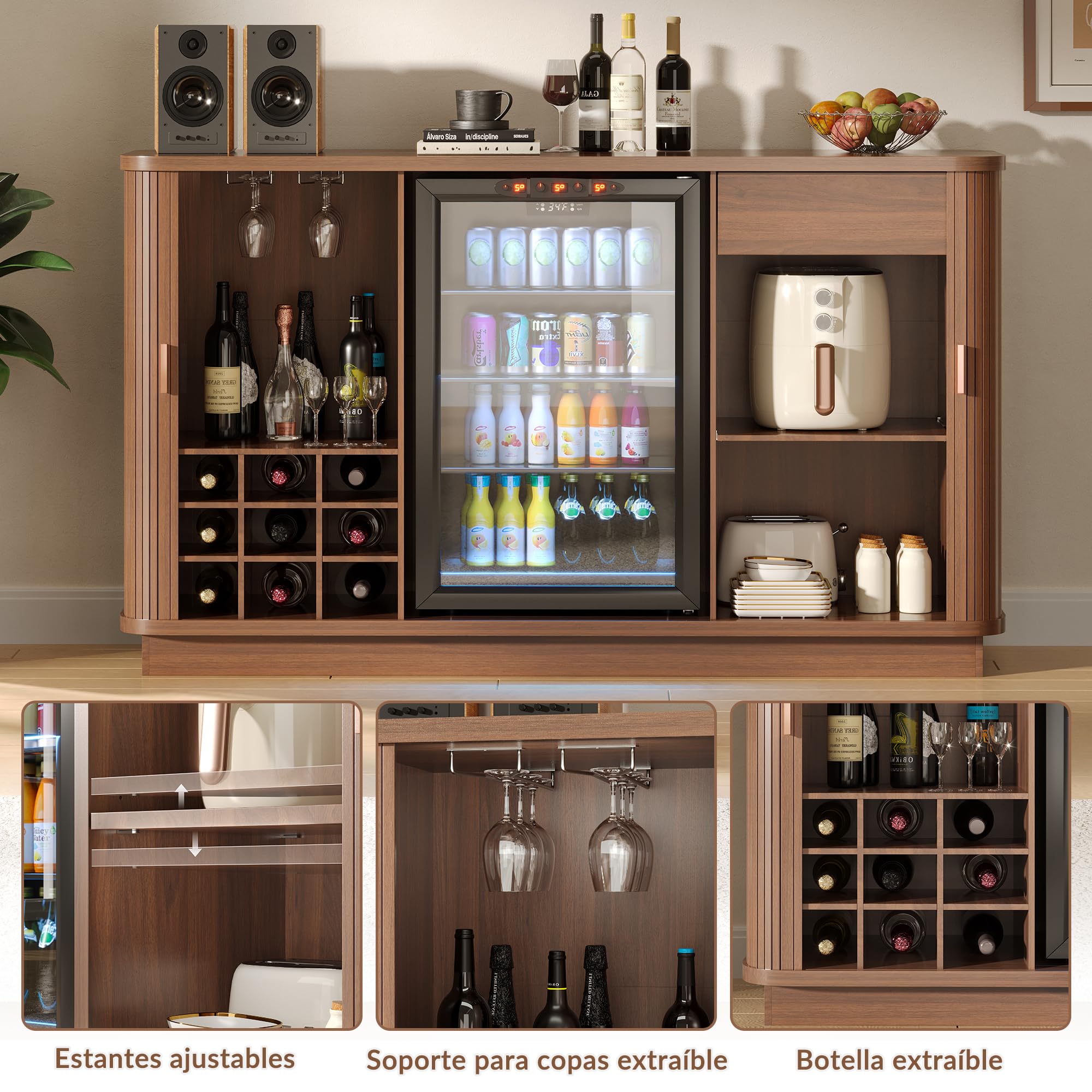 Aparador buffet estriado de 130 cm de largo, mueble bar de café con espacio para refrigerador,mueble bar de vinos retro con puertas enrollables,estantes ajustables y botellero para cocina y comedor