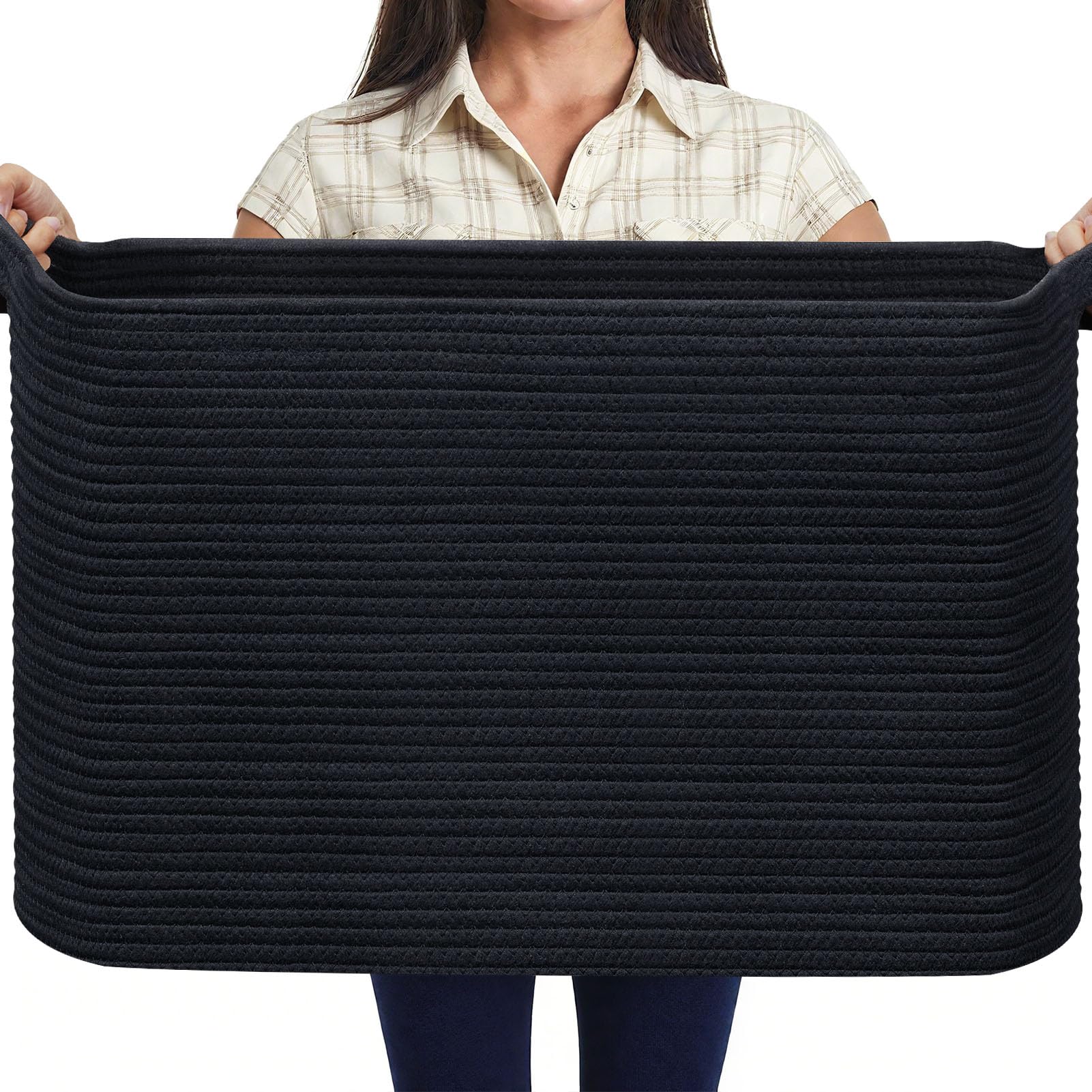 MOLMO Extra Large Woven Storage Basket, 85L Laundry Hamper for Washing, Cotton Rope Bin for Dirty Clothes, Toy Organizer for Kids, Blanket Basket for Living Room(Black)