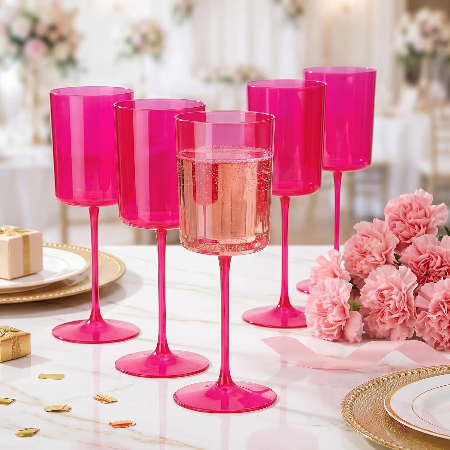 Ciaell 12 Pack Plastic Wine Glasses - 14Oz Hot Pink Plastic Wine Glasses With Stem - Disposable Stemmed Cups for Parties & Weddings & Mother's Day