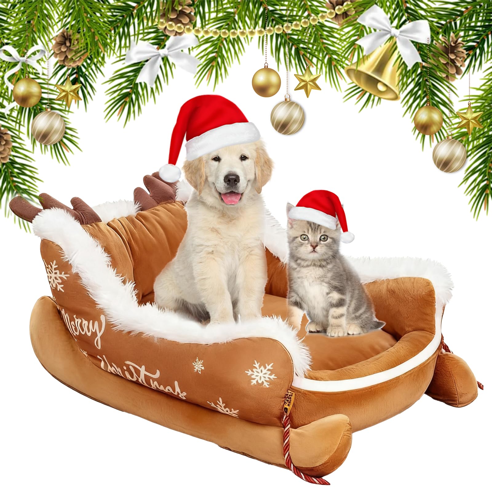Qosneoun Christmas Sleigh Dog Bed, Interesting Red Christmas Cat Dog Bed, Festive Plush Cosy Cat Beds - Xmas Sleigh,Machine Washable, Non-Slip ＆ Comfortable (C, L(80 * 63 * 32cm))