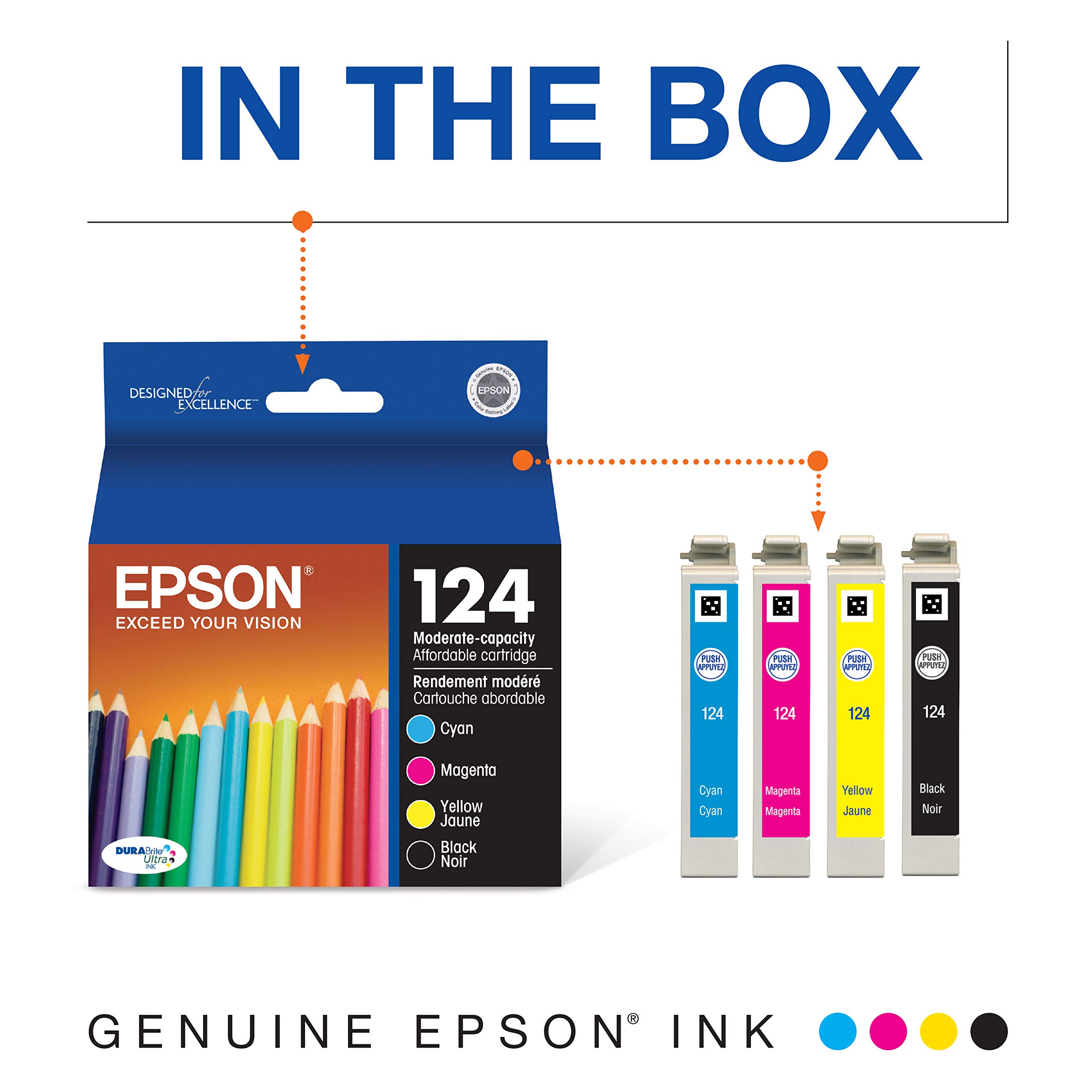 Condition photo showing New/Like New for epson 124 genuine ink cartridge black and color combo pack t124120-bcs | works with stylus nx-125 127 130 230 330 420 430 workforce wf-320 323 325 435 inkjet printers