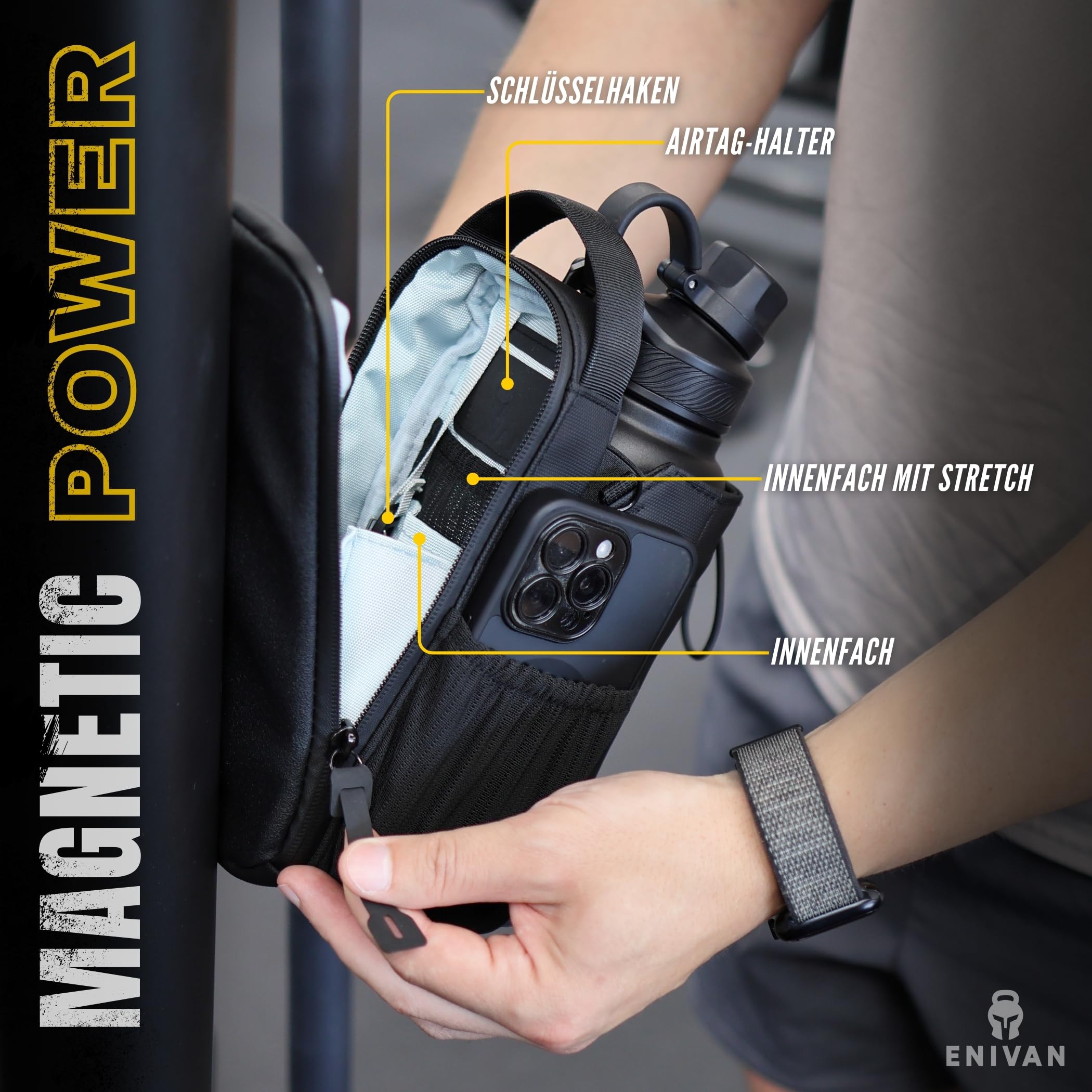 Magnetische Sporttasche mit Flaschenhalter, passt für 1,5 L Trinkflaschen, Handyfach, Schlüsselkarabiner, Schultergurt – für Männer & Frauen, Gym, Fitness & Alltag, wasserabweisend, Schwarz