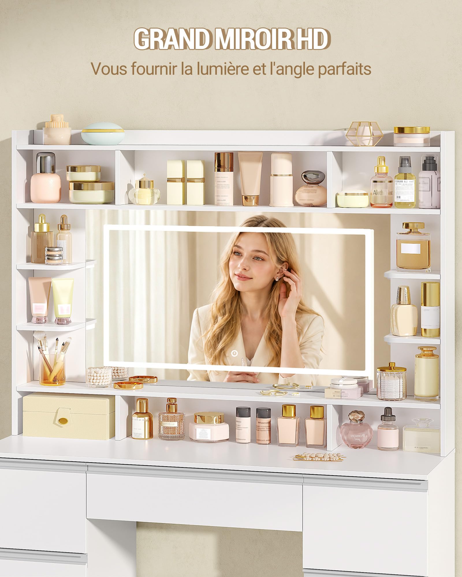 Hzuaneri Coiffeuse avec Grand Miroir, Coiffeuse avec Éclairage LED, Blanc