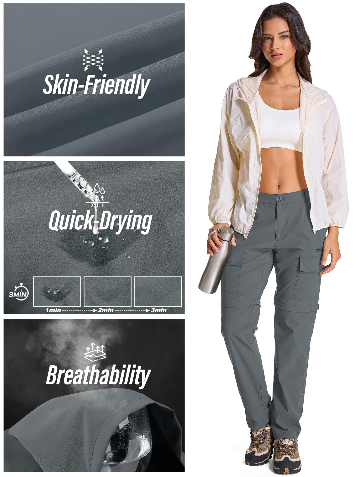 Jessie Kidden Pantalones impermeables para mujer, para caminar, senderismo, convertibles, ligeros, de secado rápido, UPF 50+, protección UV, con cremallera