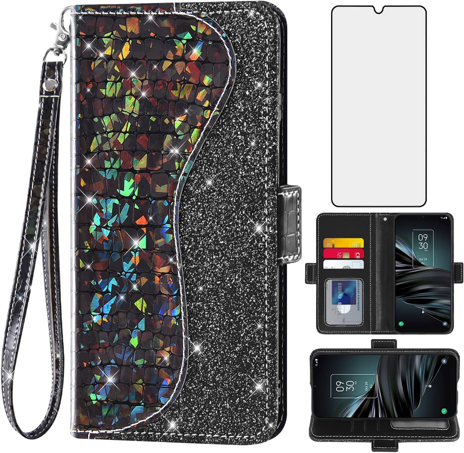 Asuwish Phone Case for TCL 20XE 5087Z Wallet Cover with Tempered Glass Screen Protector and Wrist Strap Flip Credit Card Holder Bling Glitter Stand Cell TLC 20 XE TCL20XECase EX Women Girls Black