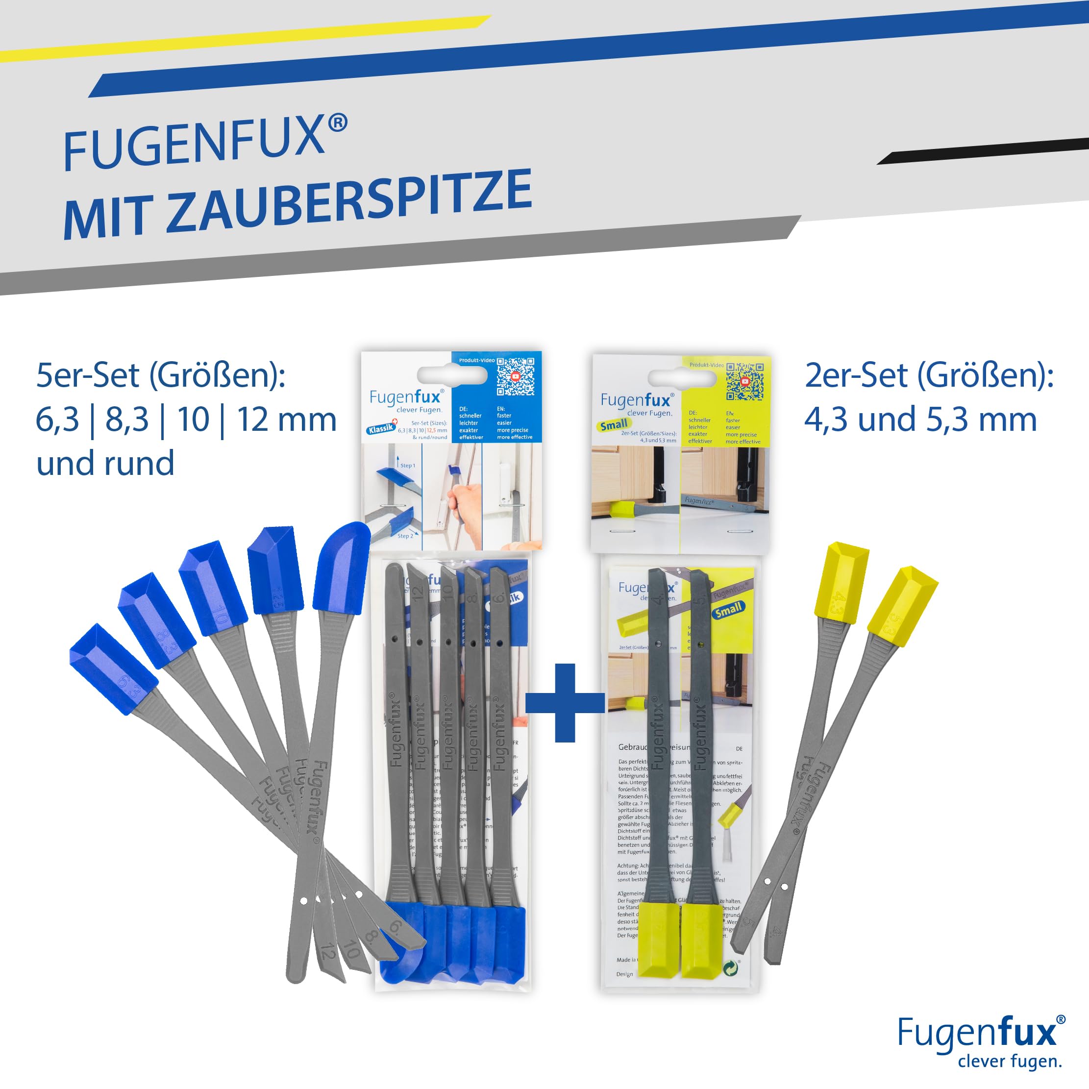 FUGENFUX® Professional-Set: Klassik 5er + Small – Spezial-Fugenabzieher – Fugenglätter für jede Größe – Fugenabzieher mit Revolutionärer Zauber-Spitze für Extrem Enge Stelle – Made in Germany