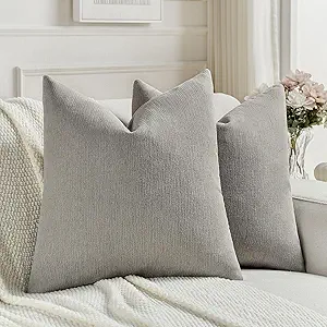 FUTEI Smoke Gray Chenille Decorative Throw Pillow Covers 22x22 Inch Set of 2,Soft Cozy Faux Linen Textured Cushion Case,Farmhouse Home Decor for Couch Living Room